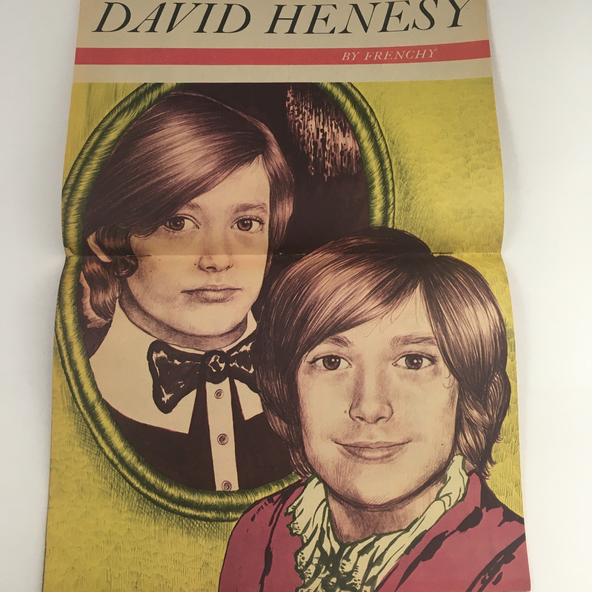 Illustration of David Henesy featured in 16 Magazine July 1970, highlighting the artistic representation of the pop culture icon during the 70s.