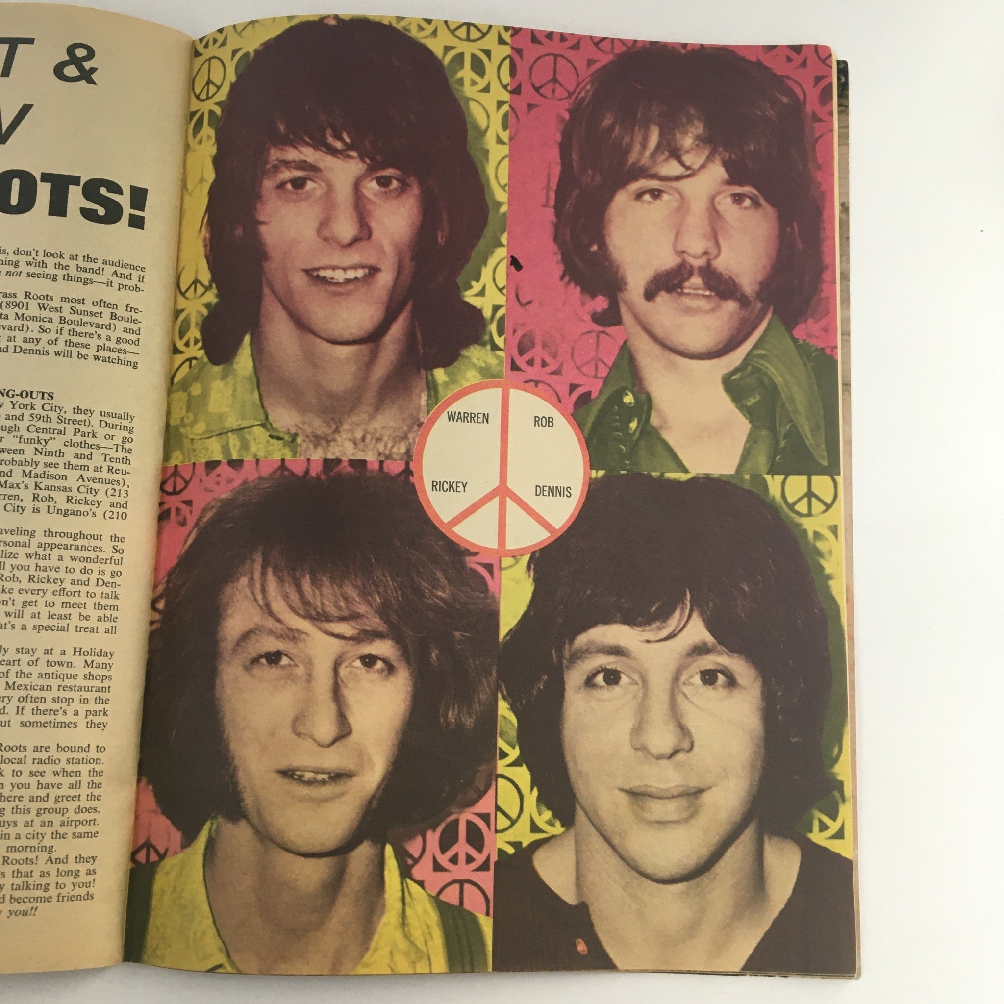 Page from 16 Magazine July 1970 displaying four male musicians, contributing to the vibrant cultural atmosphere of the era, with a peace symbol featured.