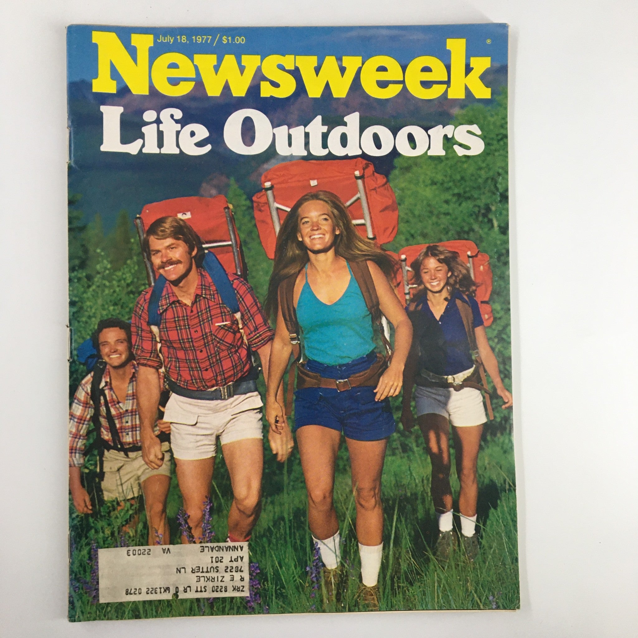 Vintage Newsweek Magazine cover from July 18, 1977, featuring the title 'The American Life Outdoors' with four outdoor enthusiasts smiling while carrying backpacks in a lush green landscape.