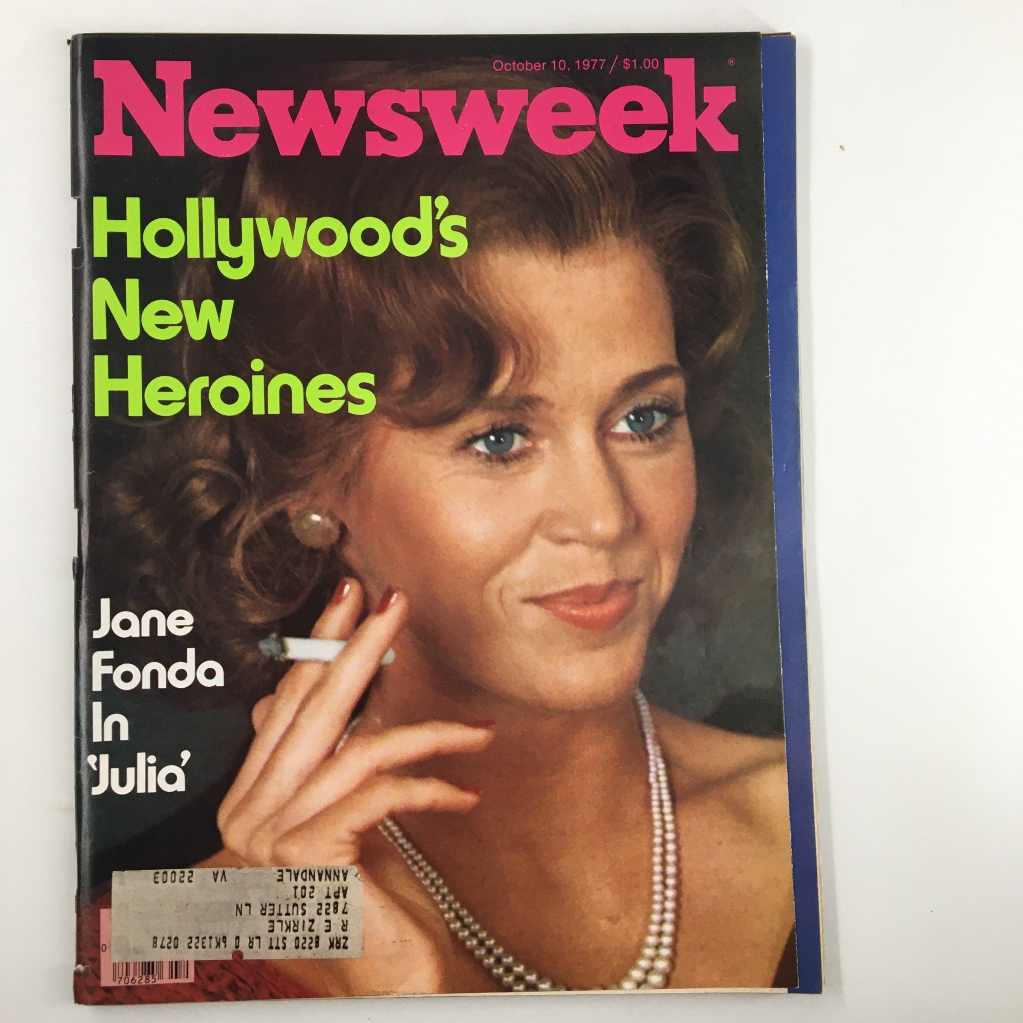 Cover of the October 10, 1977, Newsweek magazine featuring Jane Fonda, titled 'Hollywood's New Heroines'. The image shows Fonda with curly hair, wearing a pearl necklace, and holding a cigarette.