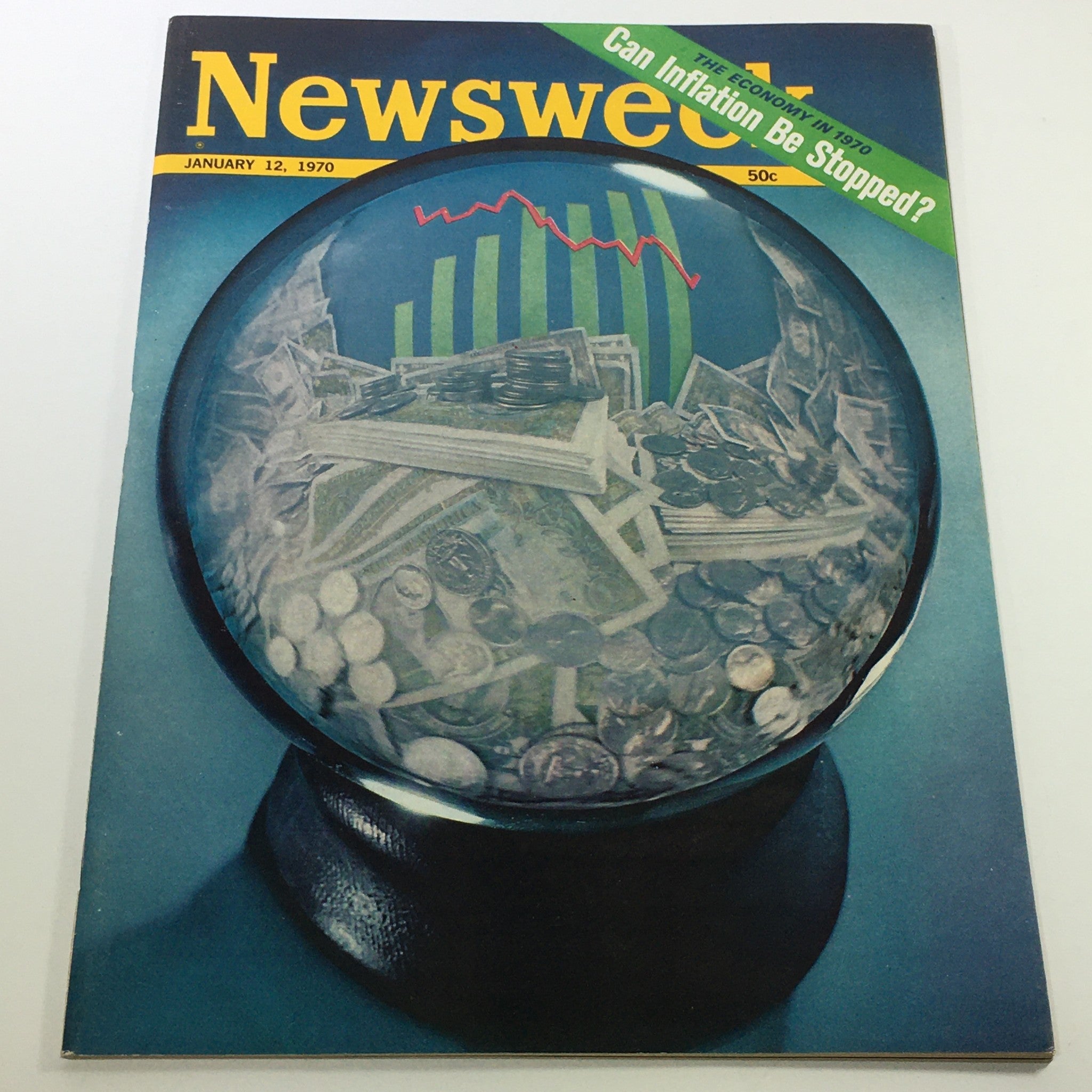 Cover of VTG Newsweek Magazine January 12 1970 titled 'The Economy in 1970' featuring a crystal ball filled with cash and coins, symbolizing economic forecasts and inflation concerns.