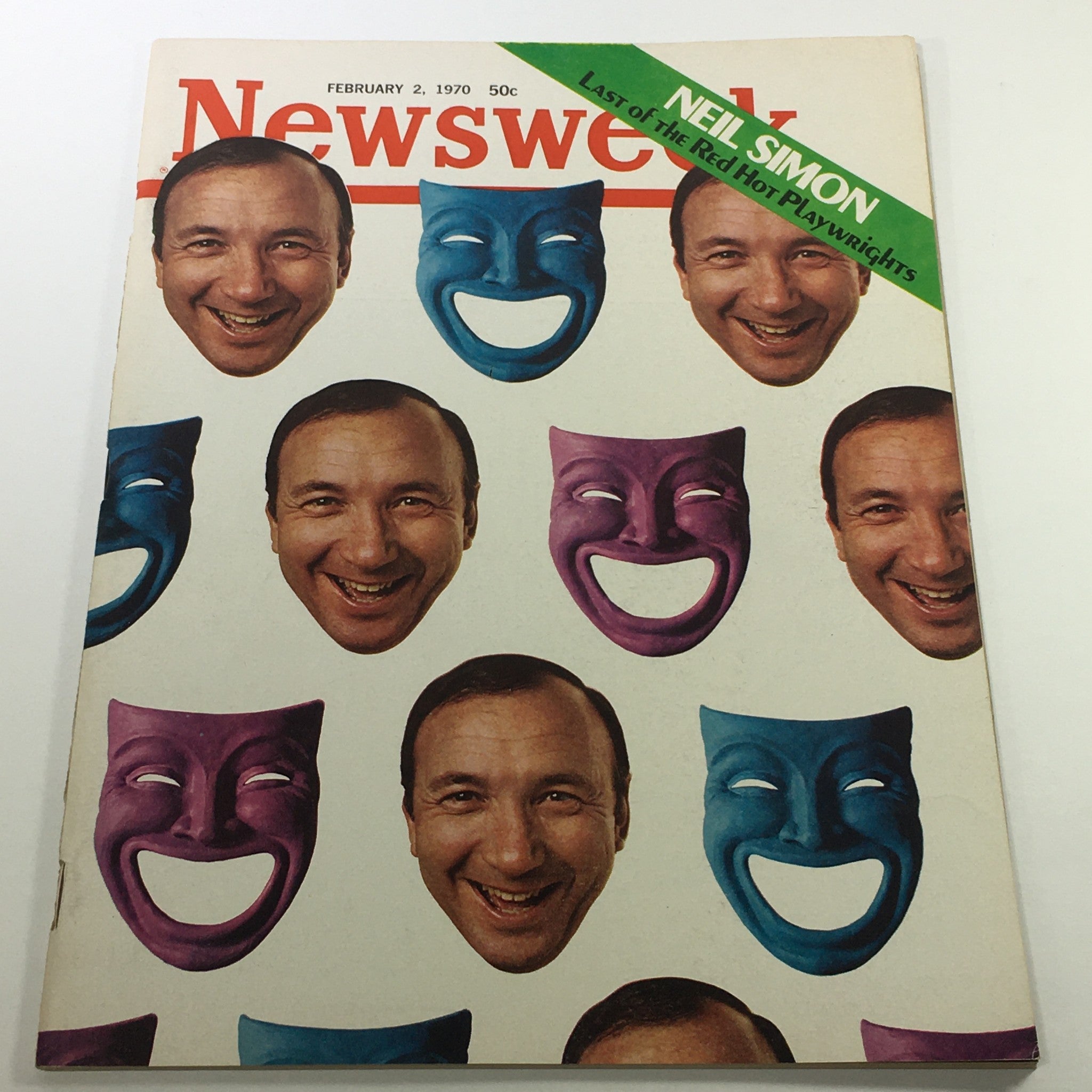 VTG Newsweek Magazine February 2 1970 featuring Neil Simon on the cover with colorful theatrical masks, showcasing the theme of comedy and theater.
