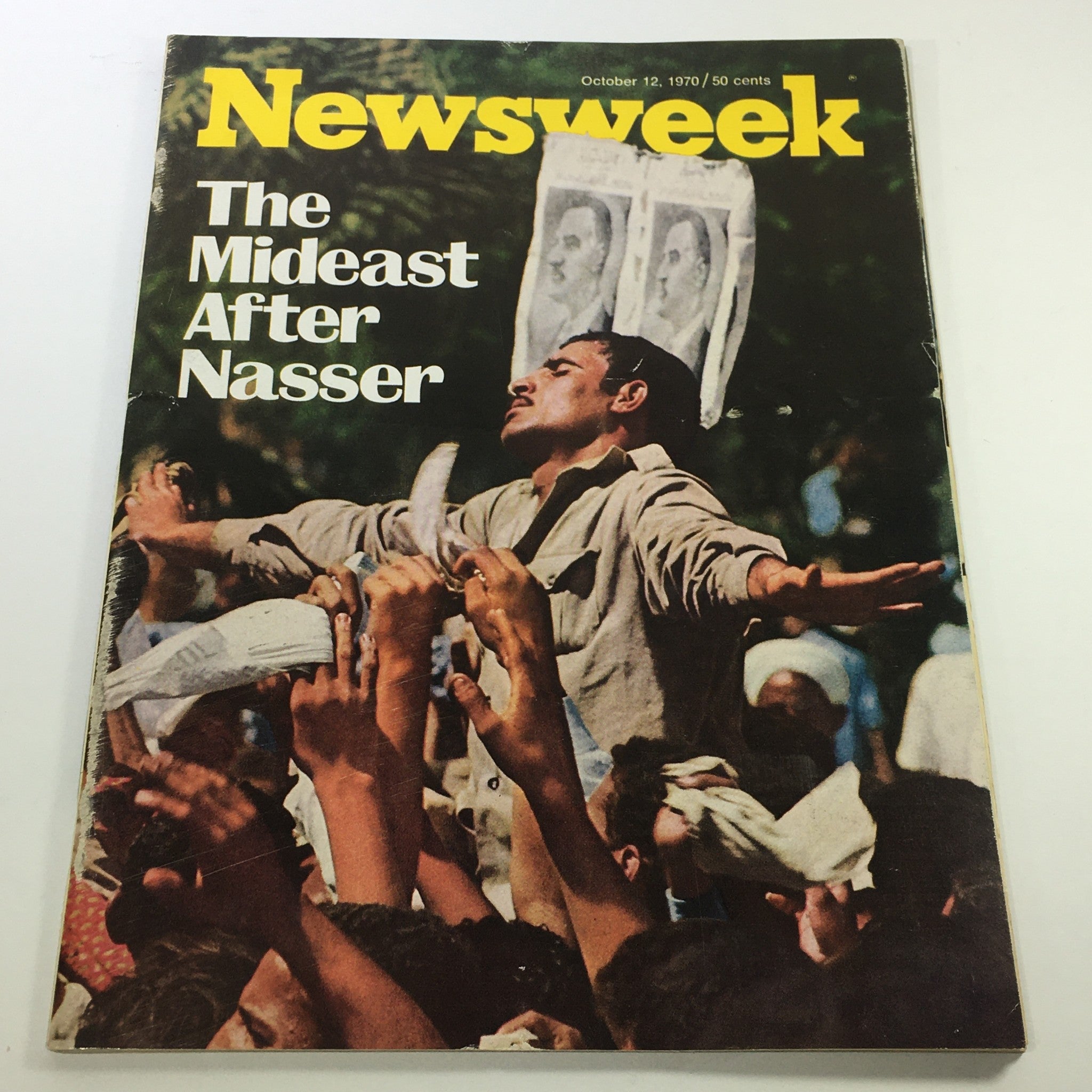 Cover of VTG Newsweek Magazine from October 12, 1970, featuring the title 'The Mideast After Nasser,' showcasing a scene of a man passionately engaging with a crowd, symbolizing the political climate in the Middle East post-Nasser.