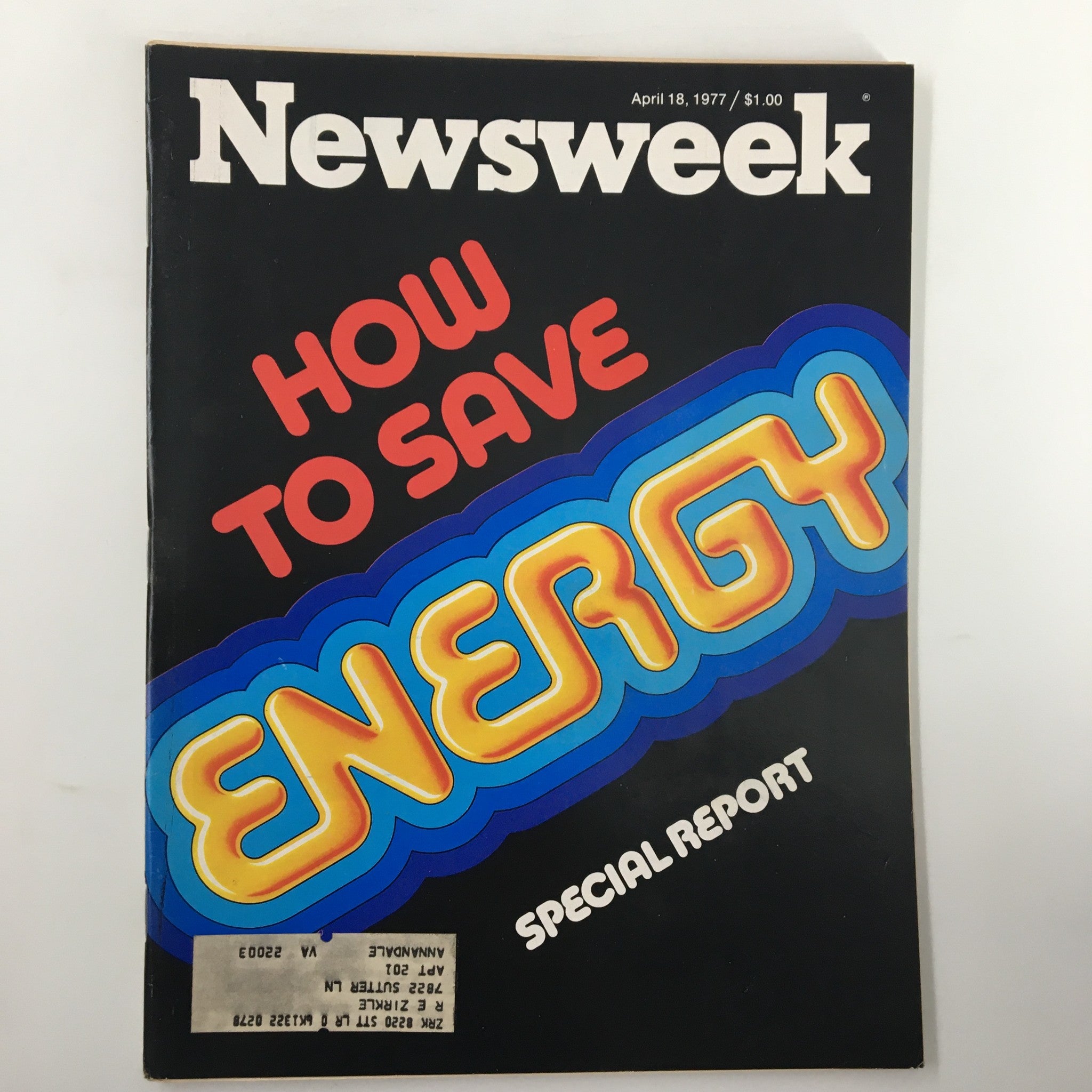 Cover of VTG Newsweek Magazine from April 18, 1977 featuring the title 'How To Save Energy' with a colorful and retro design, highlighting a special report on energy conservation.
