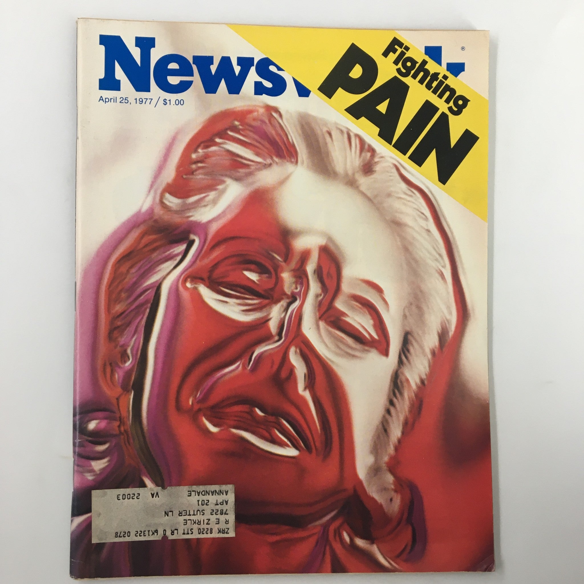 Cover of VTG Newsweek Magazine from April 25, 1977, featuring an article titled 'Fighting The Pain' and a vibrant graphic design. This vintage magazine also includes a piece on a 'Reptile Smuggler', making it a unique historical collectible.