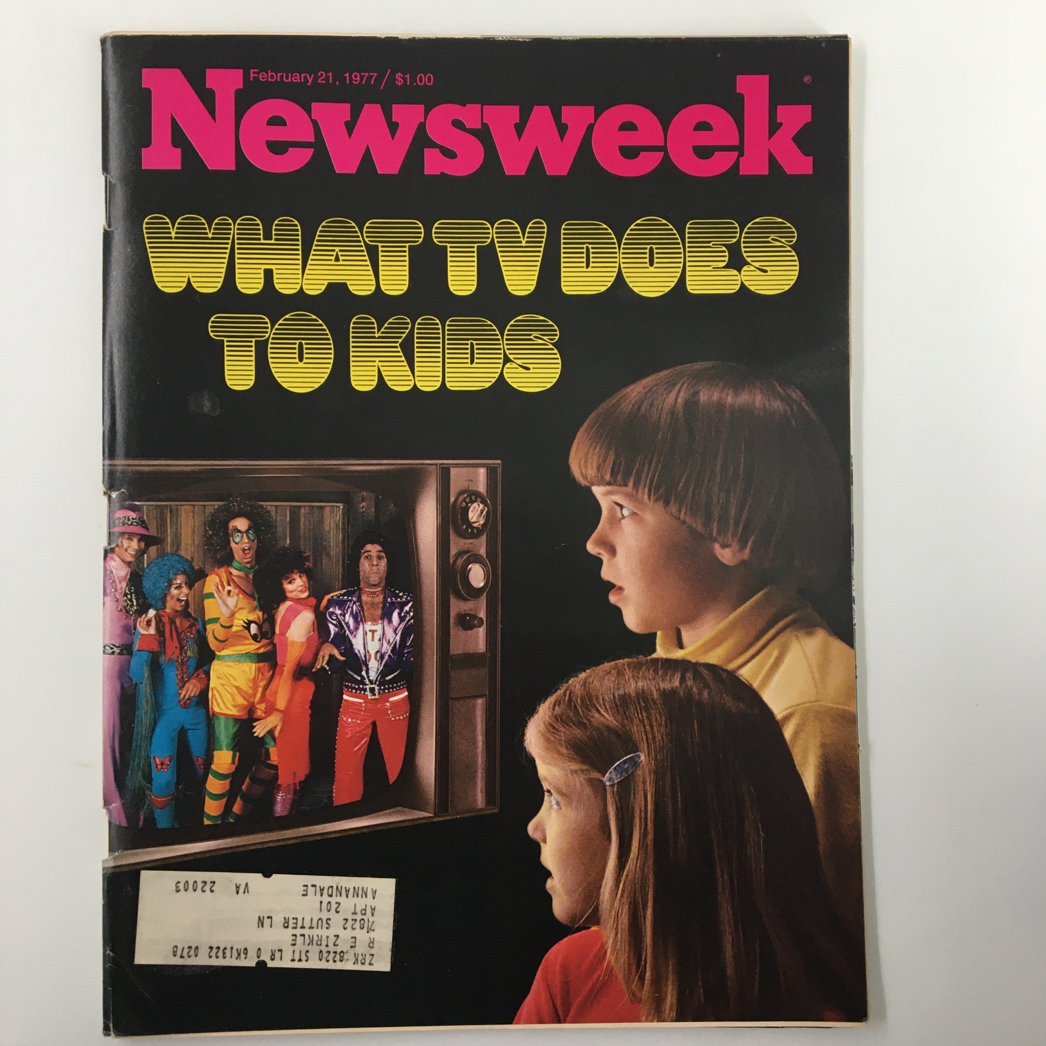 Cover of vintage Newsweek magazine from February 21, 1977, titled 'What Television Does To Kids', featuring children watching a TV screen displaying colorful characters, highlighting the impact of television on children's lives.