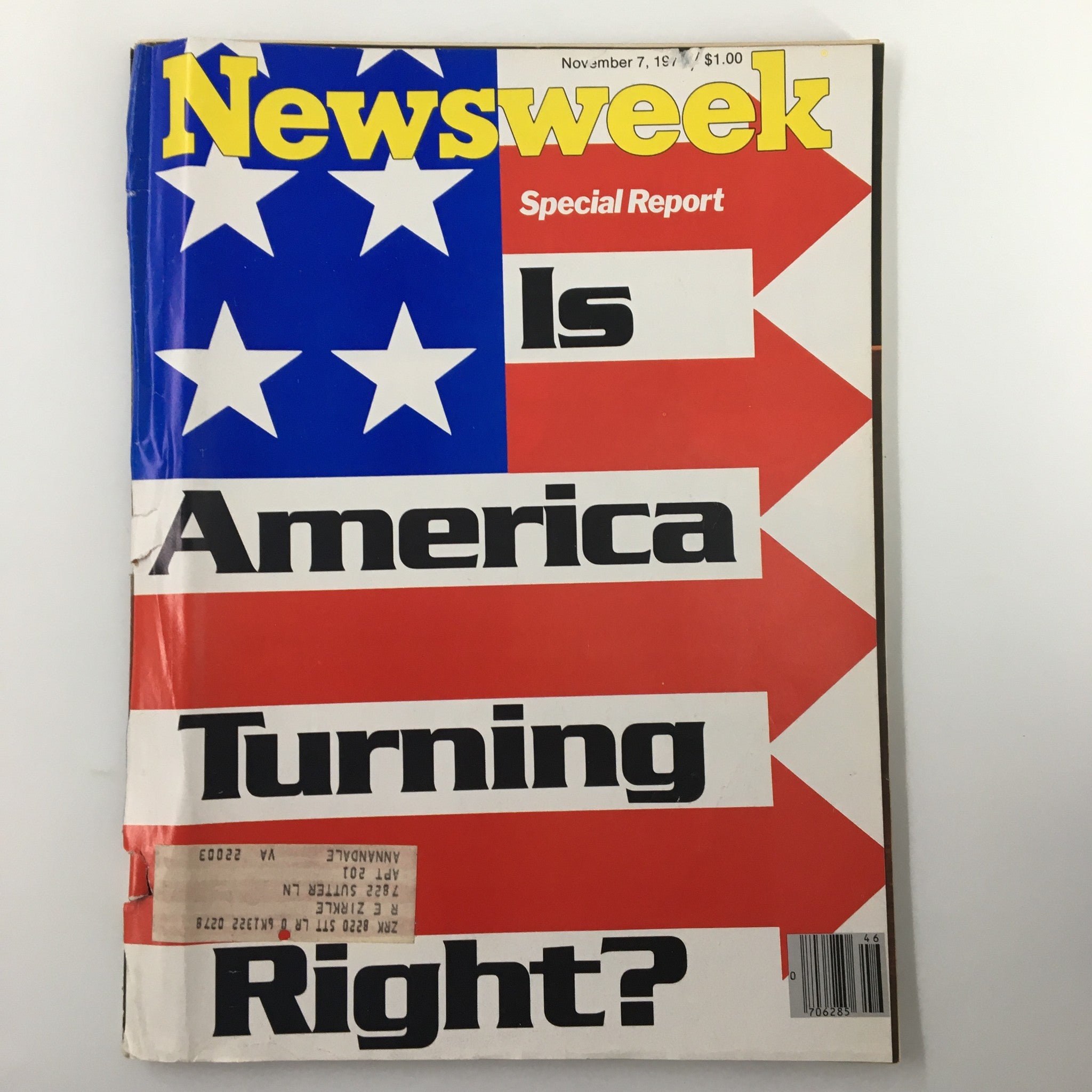 Cover of VTG Newsweek Magazine from November 7, 1977, featuring an American flag design with the headline 'Is America Turning Right? A Special Report.' The cover highlights the political climate of the era.
