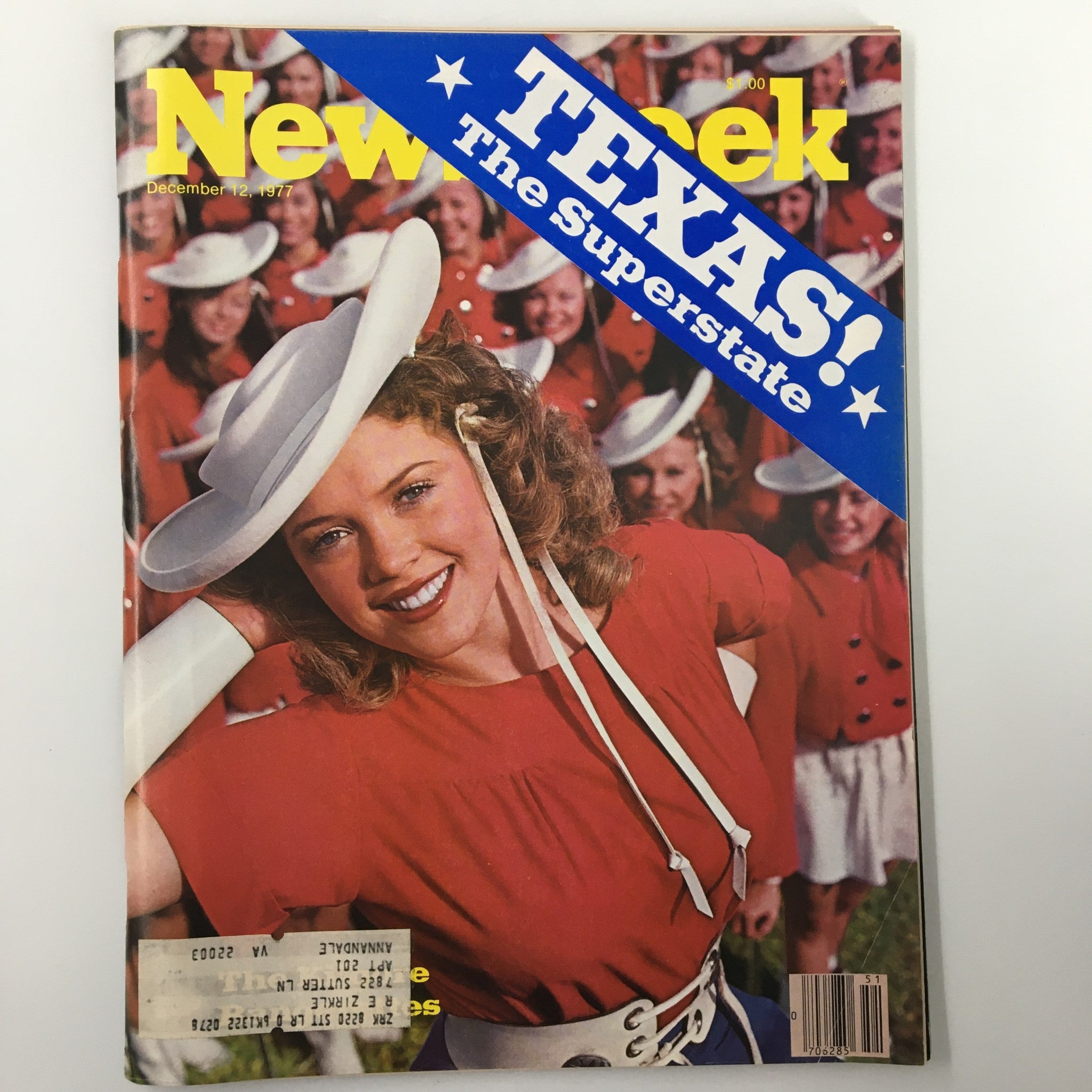 VTG Newsweek Magazine Cover from December 12, 1977 featuring Texas: The Superstate with a smiling woman in a red dress and white hat, surrounded by a background of similarly dressed individuals.