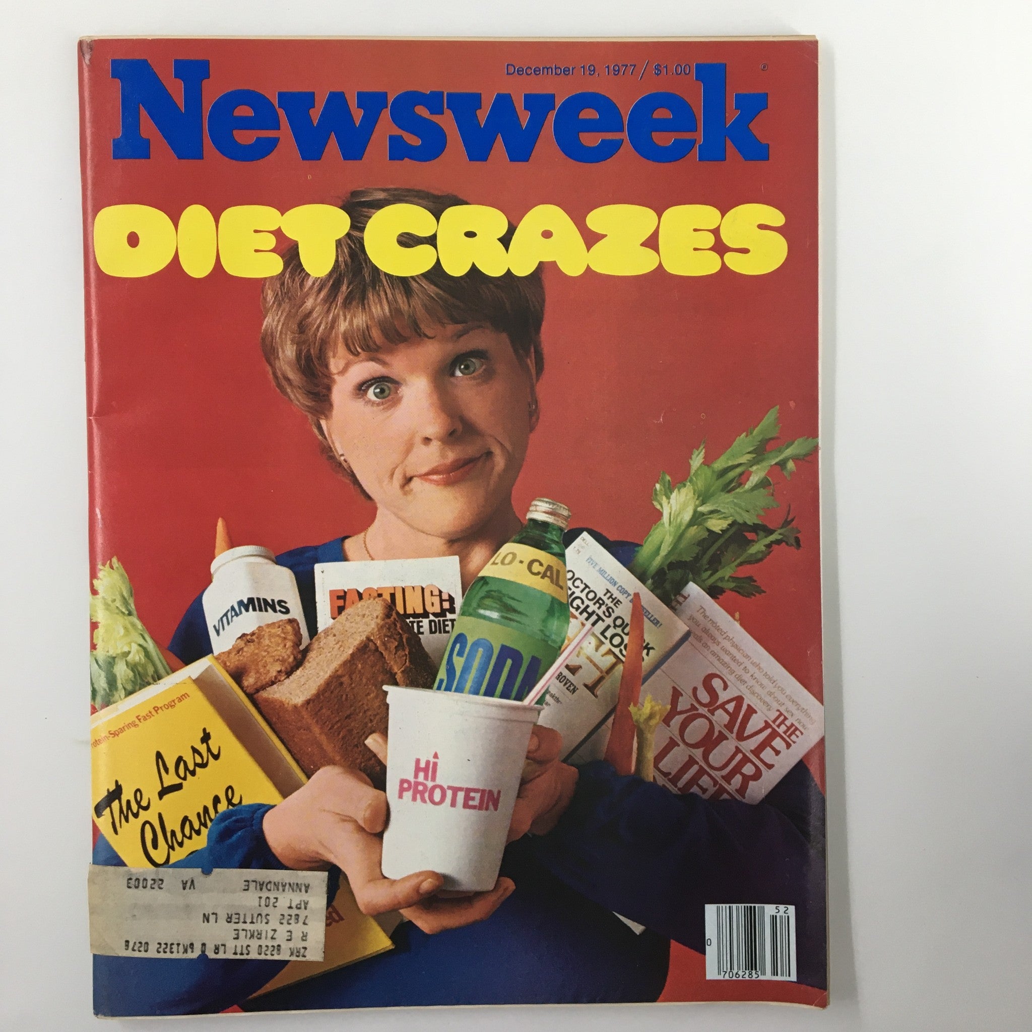 Cover of VTG Newsweek Magazine from December 19, 1977, featuring the headline 'DIET CRAZES' with a woman holding various diet-related products and books, reflecting the popular dietary trends of the late 1970s.