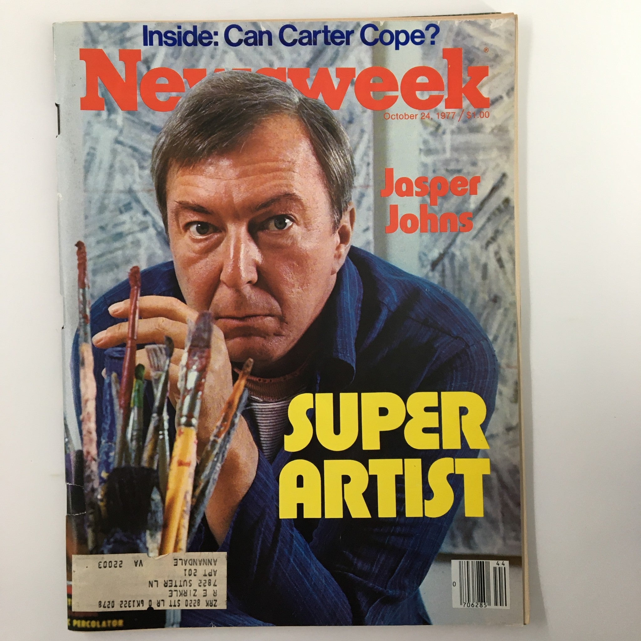 VTG Newsweek Magazine October 24 1977 featuring Jasper Johns as 'Super Artist' on the cover with image of the artist and art supplies.