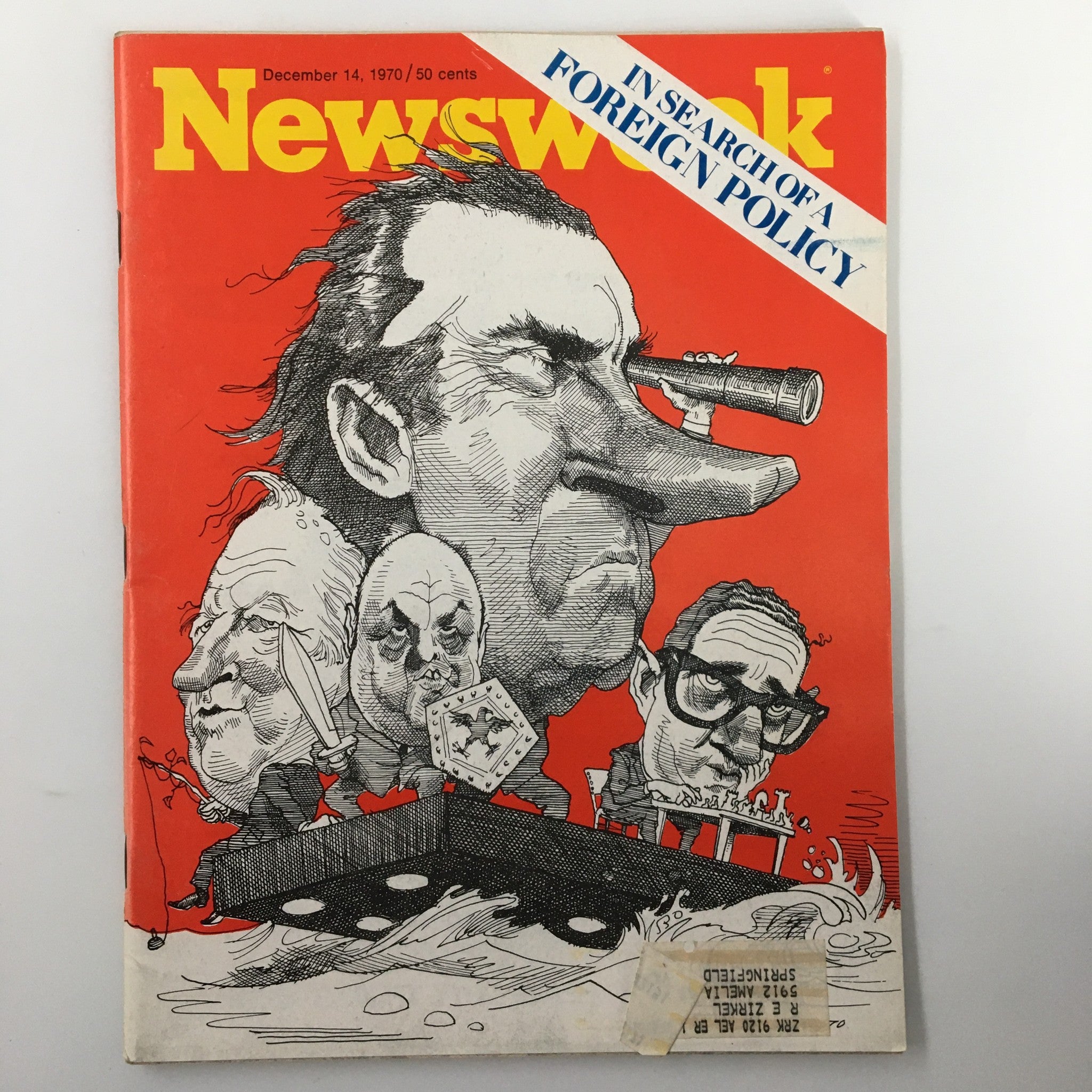 Cover of VTG Newsweek Magazine December 14 1970 featuring a caricature of Richard Nixon with a telescope, illustrating themes of foreign policy.