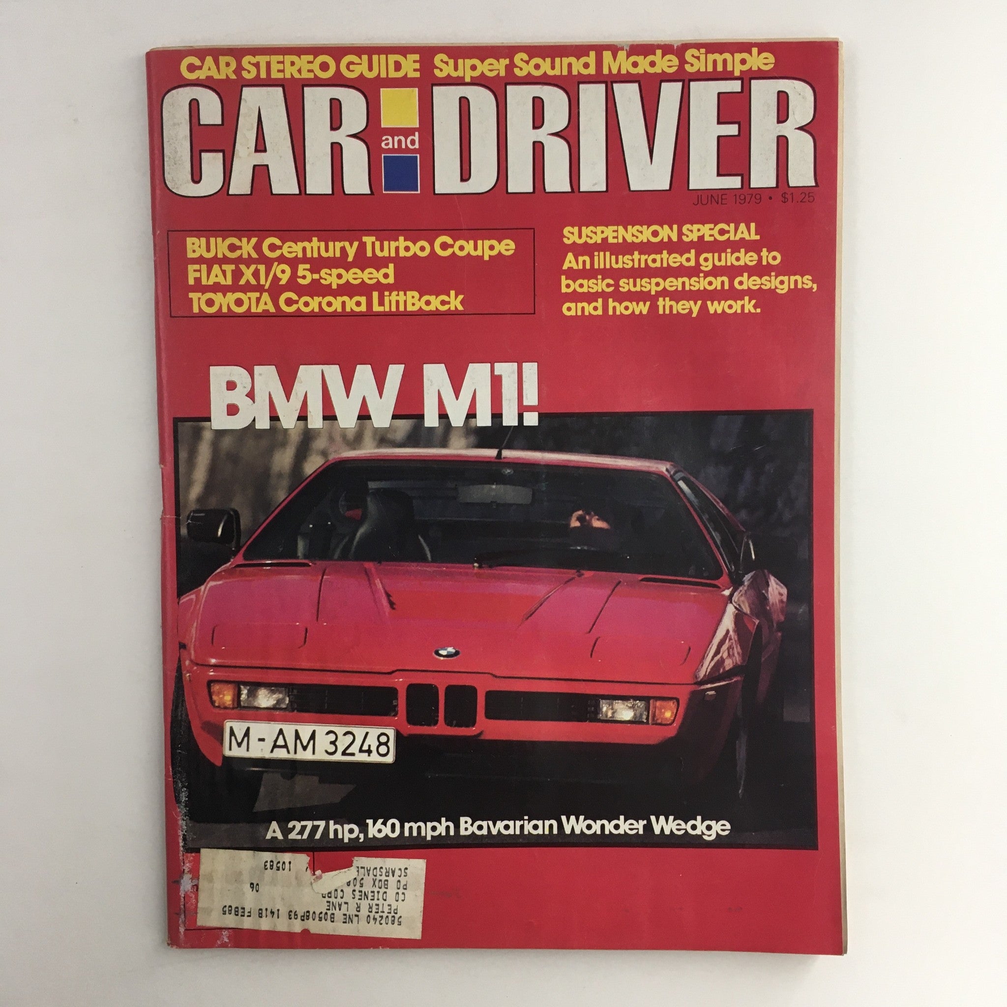 Cover of Car and Driver Magazine June 1979 featuring Buick Century Turbo Coupe and Fiat X1/9 5-Speed, with a focus on BMW M1.