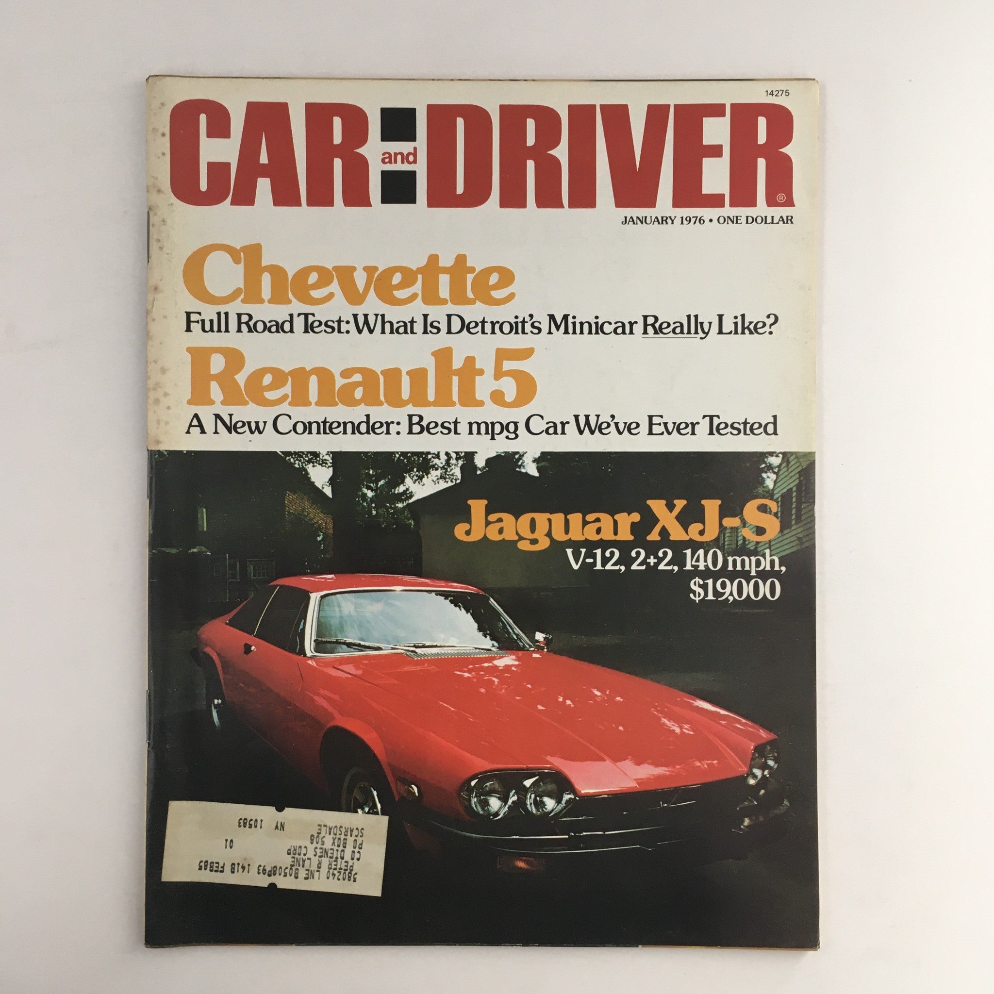 Cover of Car and Driver Magazine January 1976 featuring Chevette, Renault 5, and Jaguar XJ-S V-12. The magazine displays vibrant graphics and highlights automotive features, including a red Jaguar XJ-S.