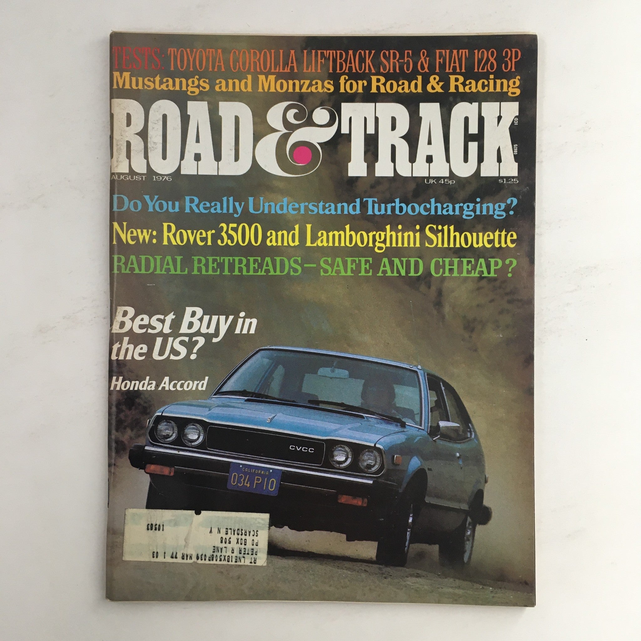 Road & Track Magazine August 1976 featuring Honda Accord, Rover 3500, and Toyota Corolla, showcasing vintage automotive articles and insights from the 1970s, with a photograph of a Honda Accord on the cover.
