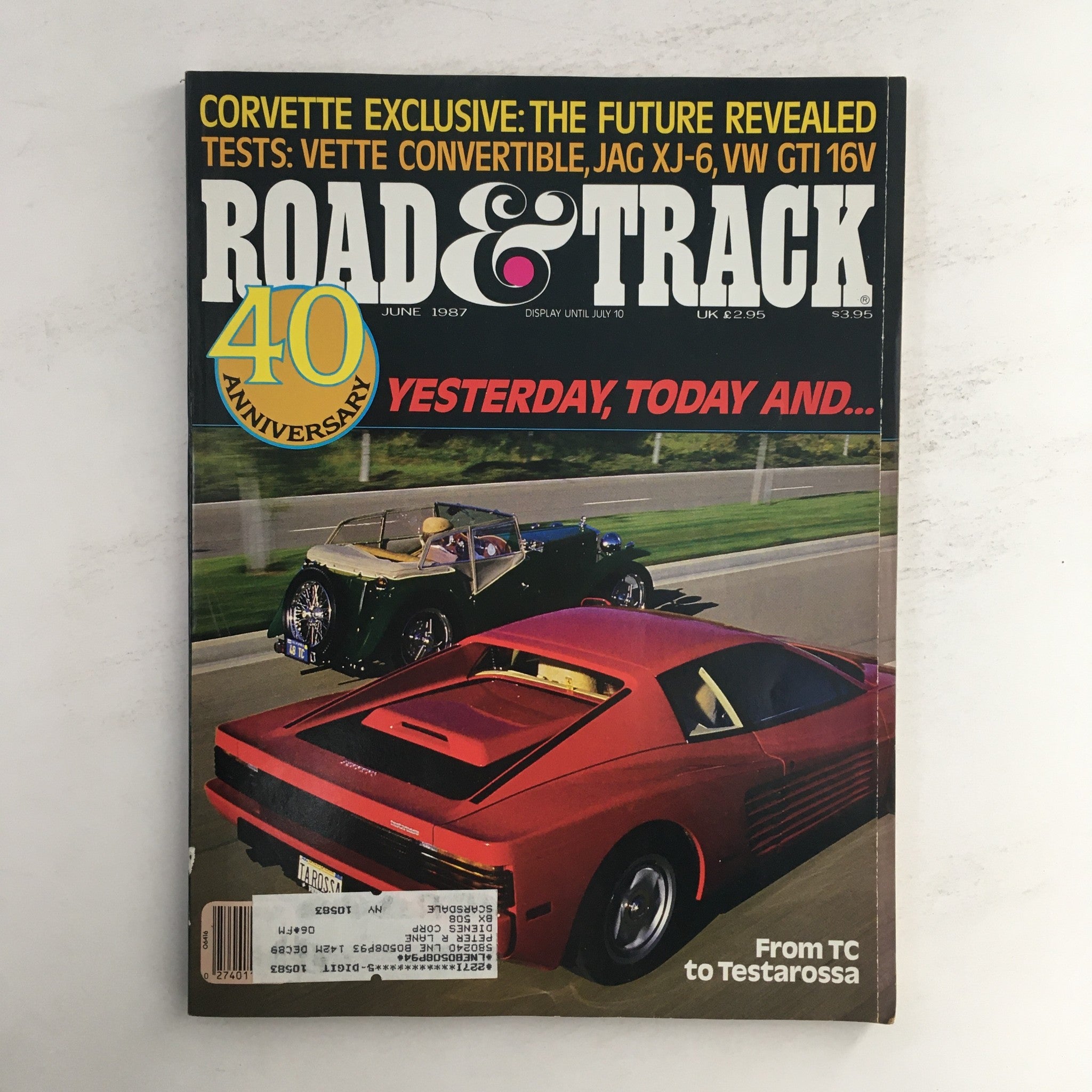Cover of Road & Track Magazine June 1987 featuring Corvette Convertible, Jaguar XJ-6, VW GTI 16V, celebrating the 40th anniversary with highlights of automotive history.
