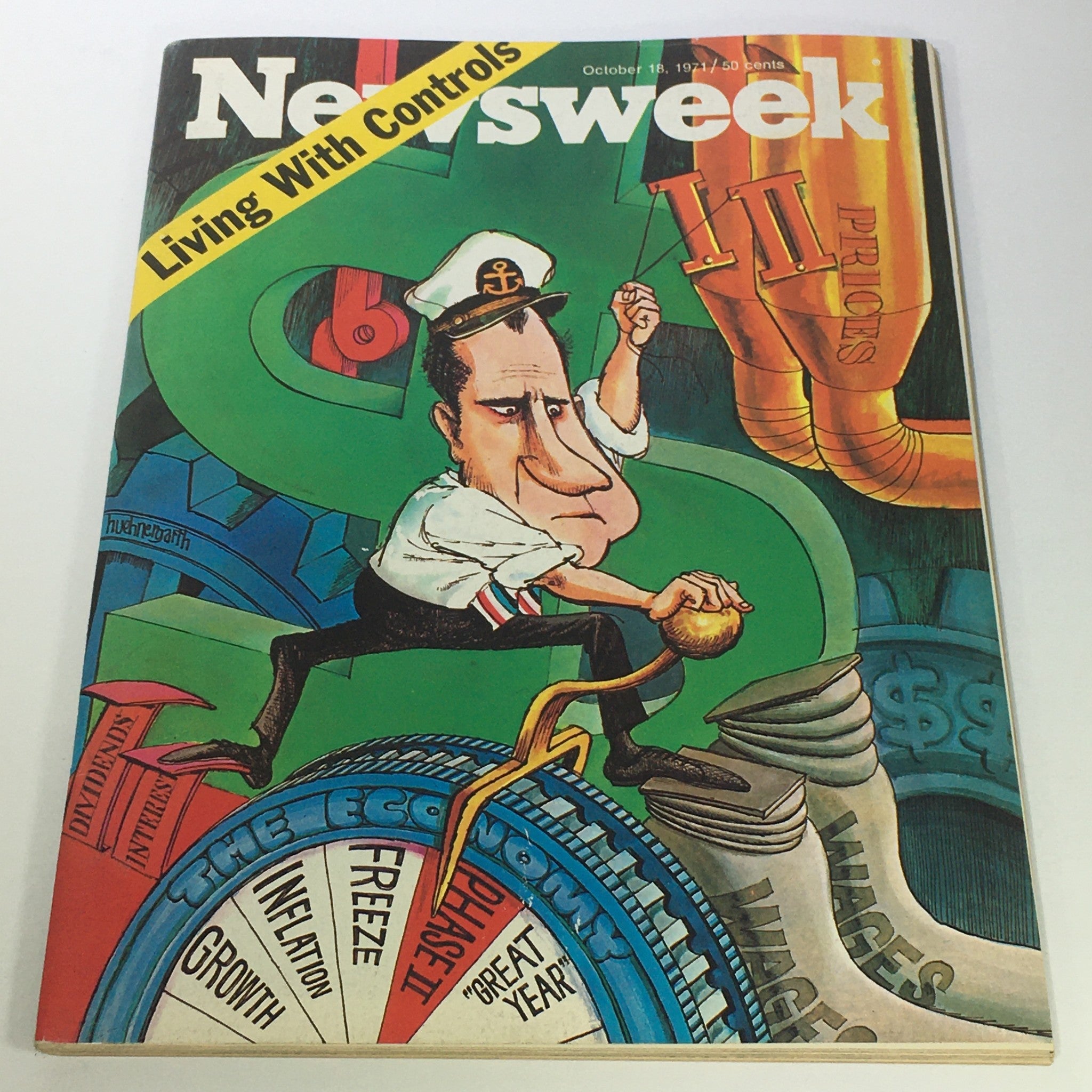 VTG Newsweek Magazine October 18 1971 cover featuring a caricature of a man in a captain's hat, engaging with economic controls, under the headline 'Living With Controls'. The magazine showcases bold colors and illustrations relating to the economy and inflation themes.