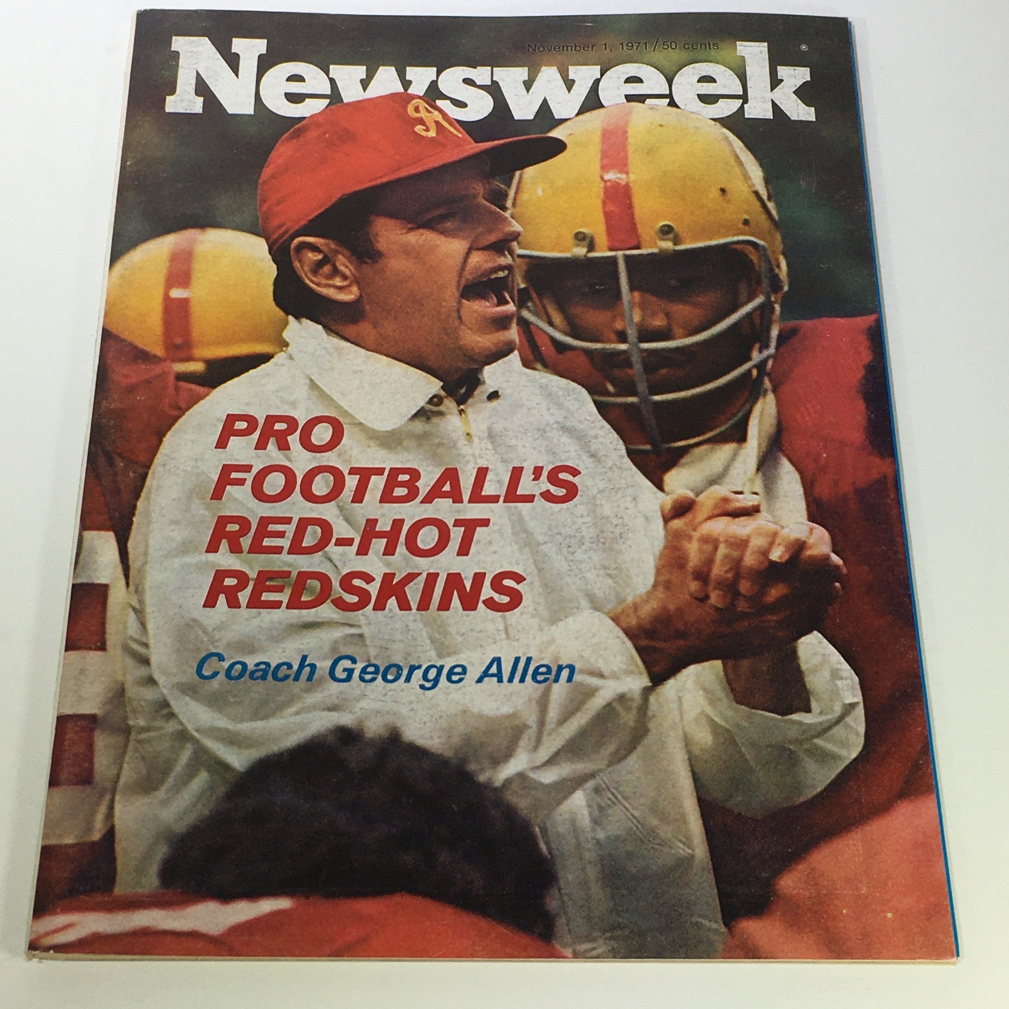 Vintage Newsweek Magazine cover from November 1, 1971, featuring Coach George Allen and the title 'Pro Football's Red-Hot Redskins'. Ideal for collectors of sports memorabilia.