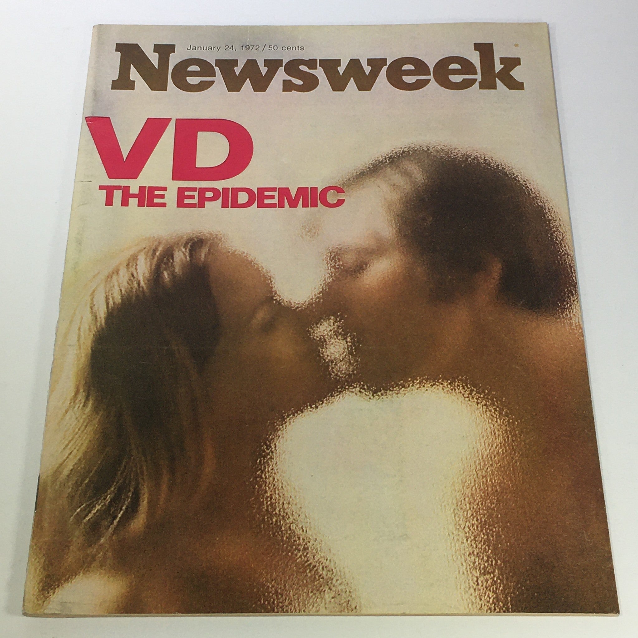 Cover of VTG Newsweek Magazine January 24 1972 featuring the title 'VD The Epidemic', showcasing an artistic depiction of a couple kissing, reflecting the magazine's focus on public health issues.