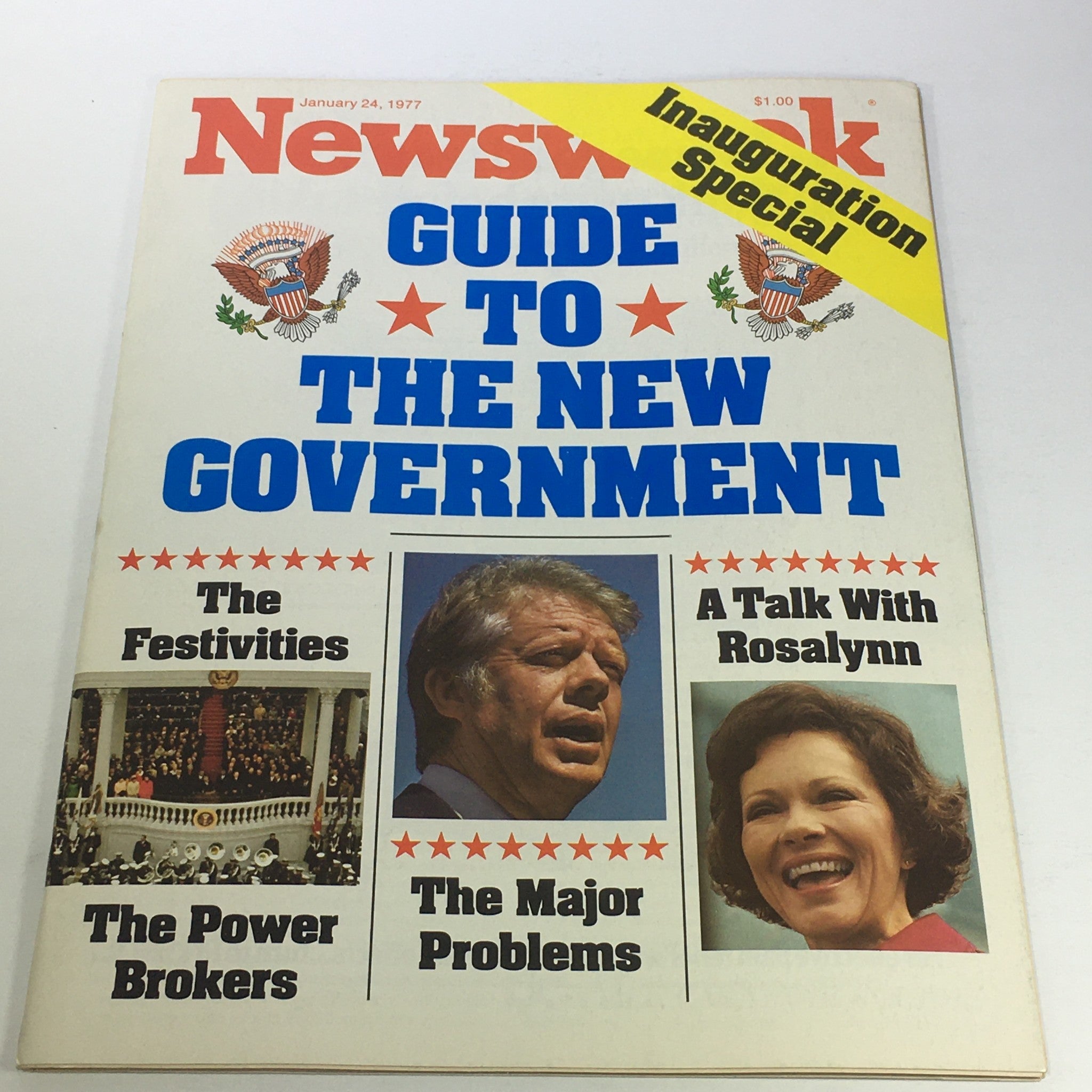 VTG Newsweek Magazine January 24, 1977 featuring cover story 'Guide to the New Government' with images of Jimmy Carter and Rosalynn Carter, highlighting political topics of the era.