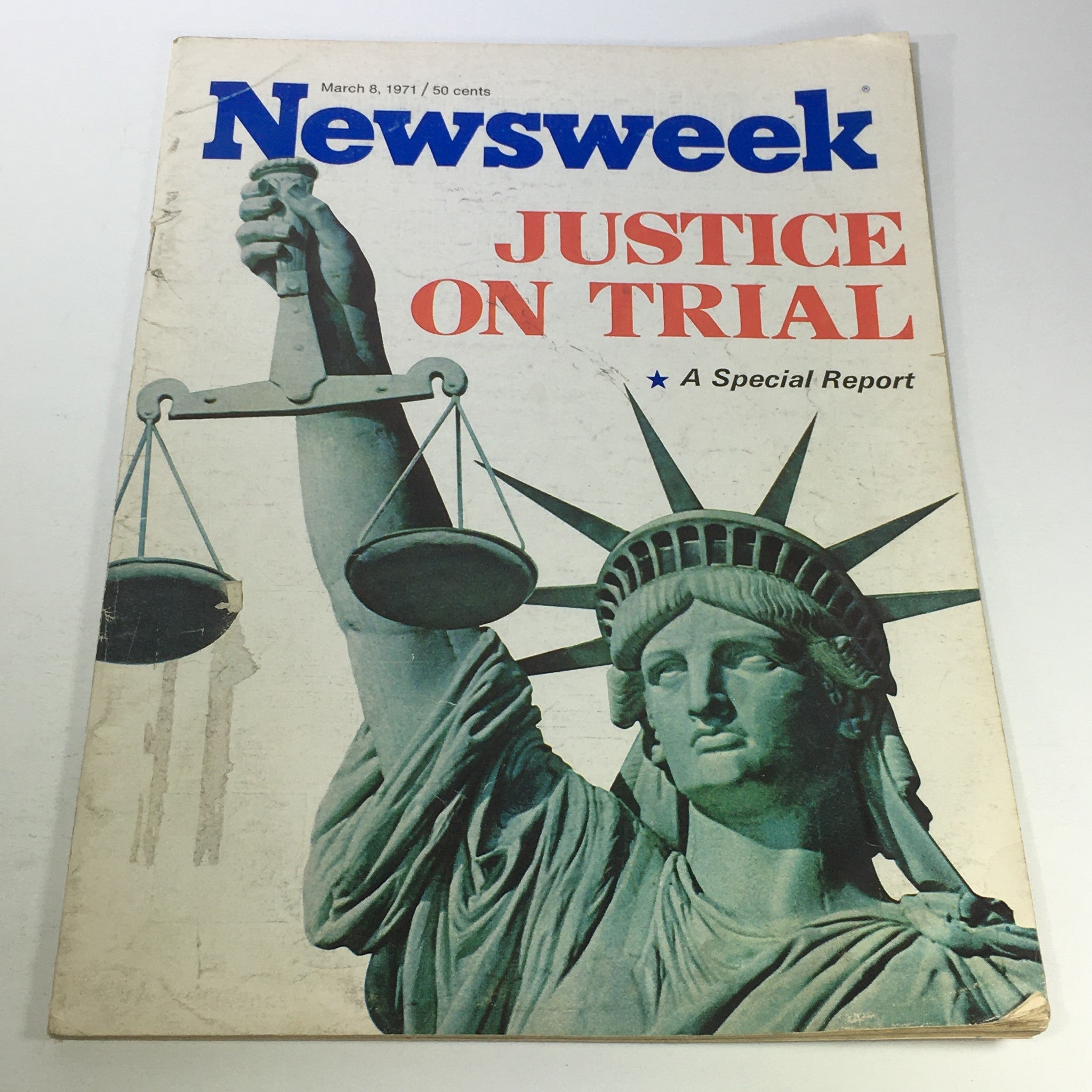 Cover of VTG Newsweek Magazine from March 8, 1971, featuring the title 'Justice on Trial - A Special Report' with a depiction of the Statue of Liberty holding scales of justice.