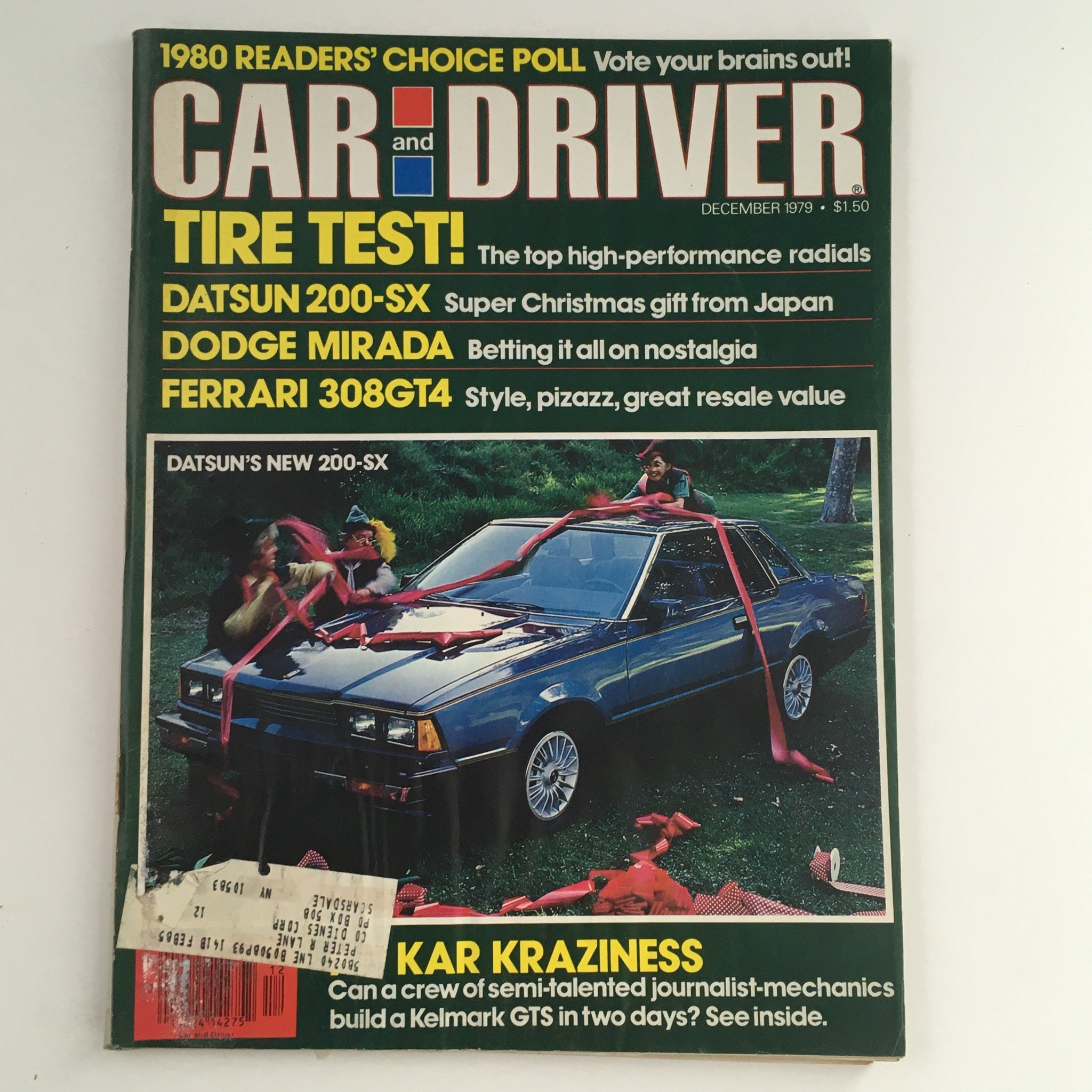 Cover of Car and Driver Magazine December 1979 featuring Datsun 200-SX, Dodge Mirada, and Ferrari 308GT4, showcasing a festive scene with a Datsun car adorned with ribbons.