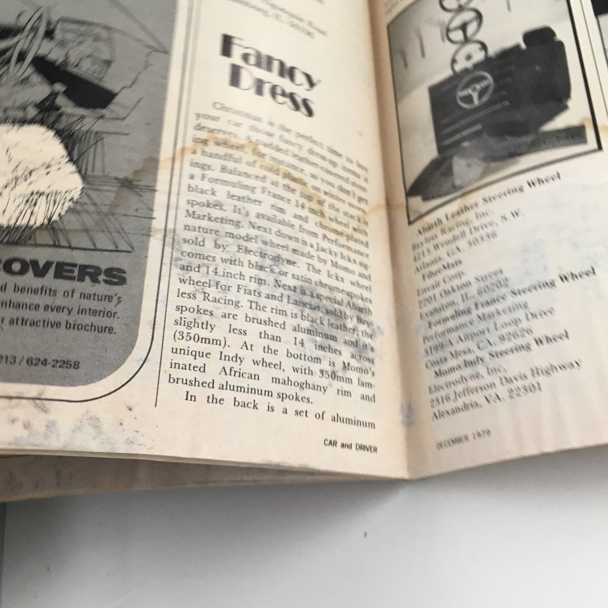 Inside page of Car and Driver Magazine December 1979 featuring an article about car accessories, highlighting the design of steering wheels.