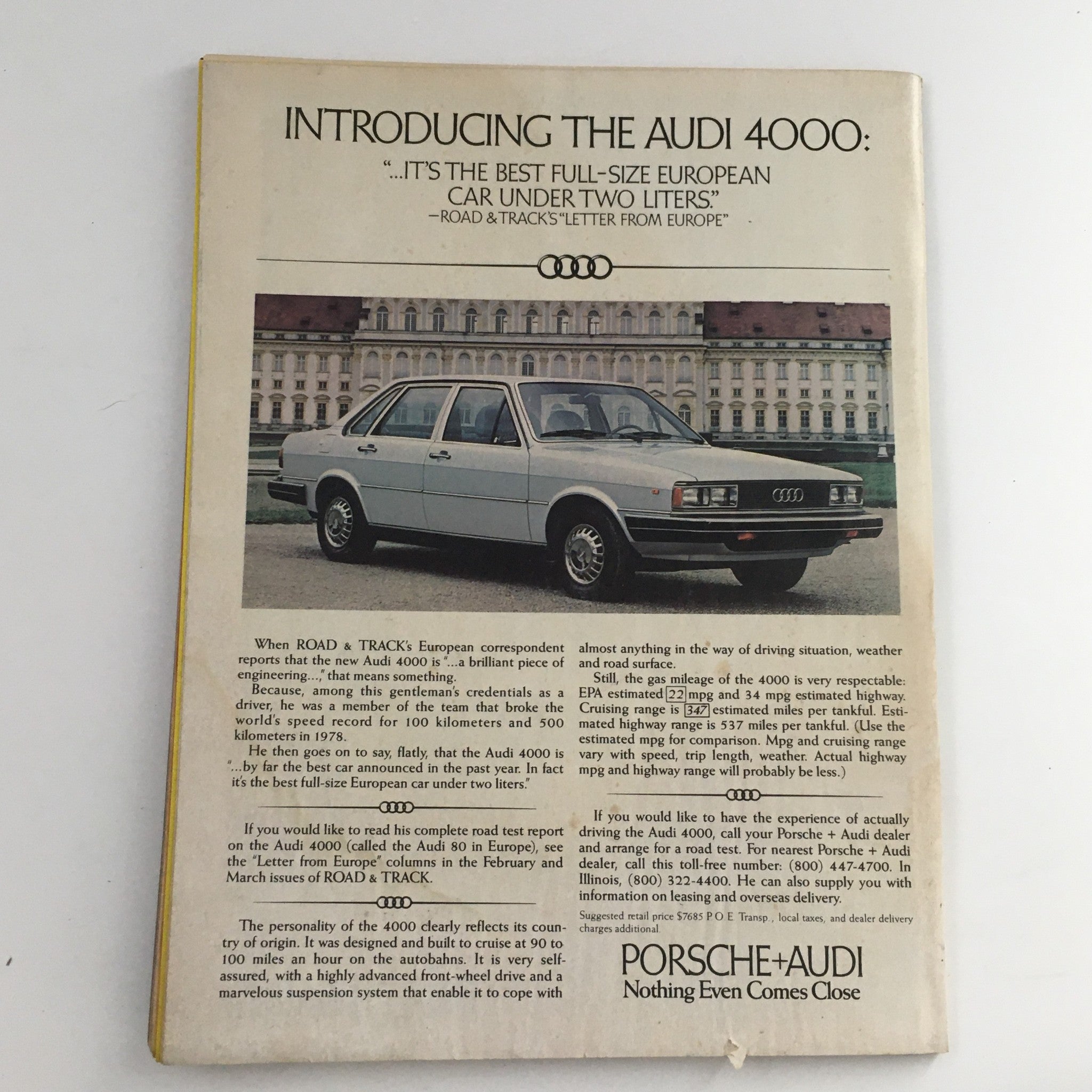 Back cover of Car and Driver Magazine December 1979 introducing the Audi 4000, featuring promotional content and a photograph of the vehicle.