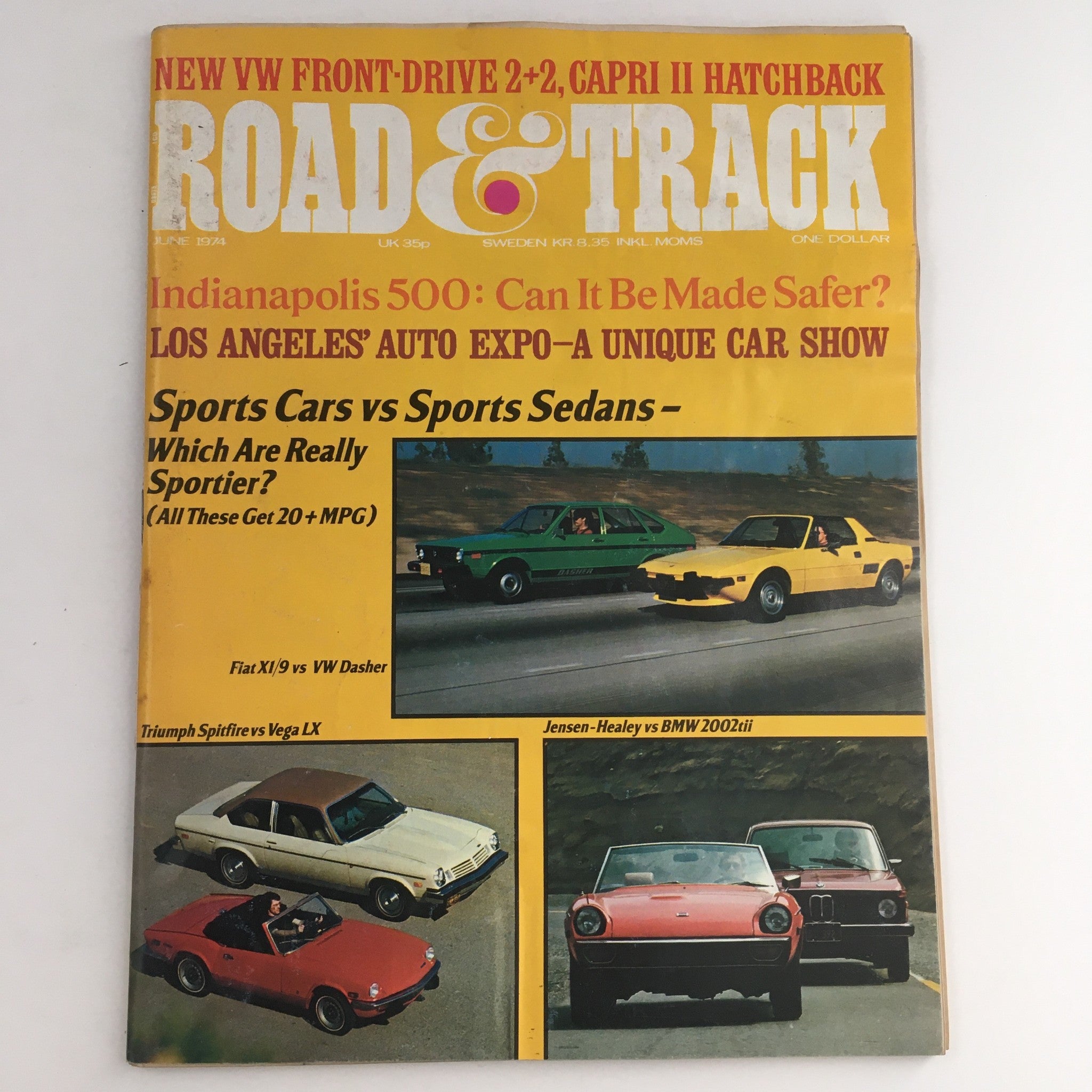 Road & Track Magazine June 1974 cover featuring a comparison of Triumph Spitfire vs Vega LX with various sports cars and sedans.
