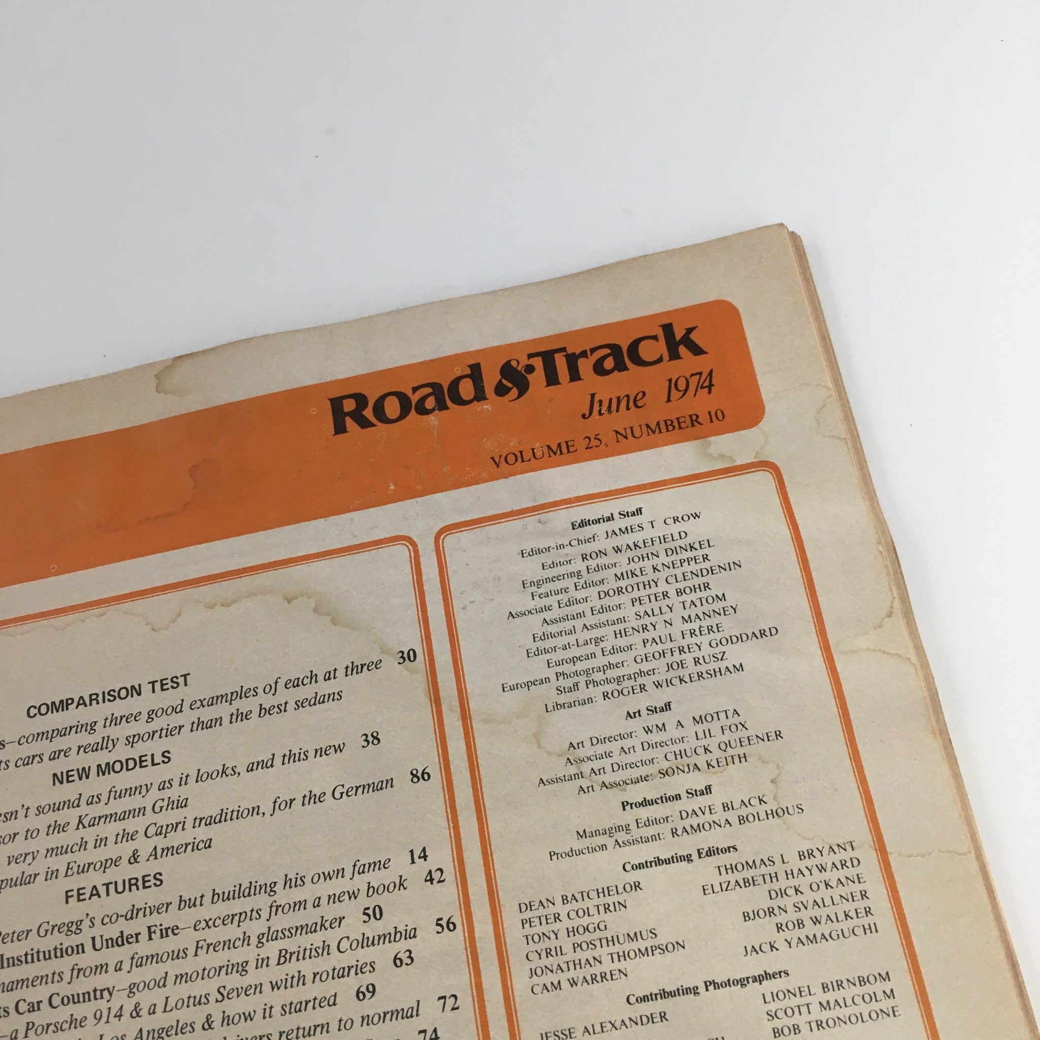 Road & Track Magazine June 1974 interior page displaying editorial staff details and contents list.
