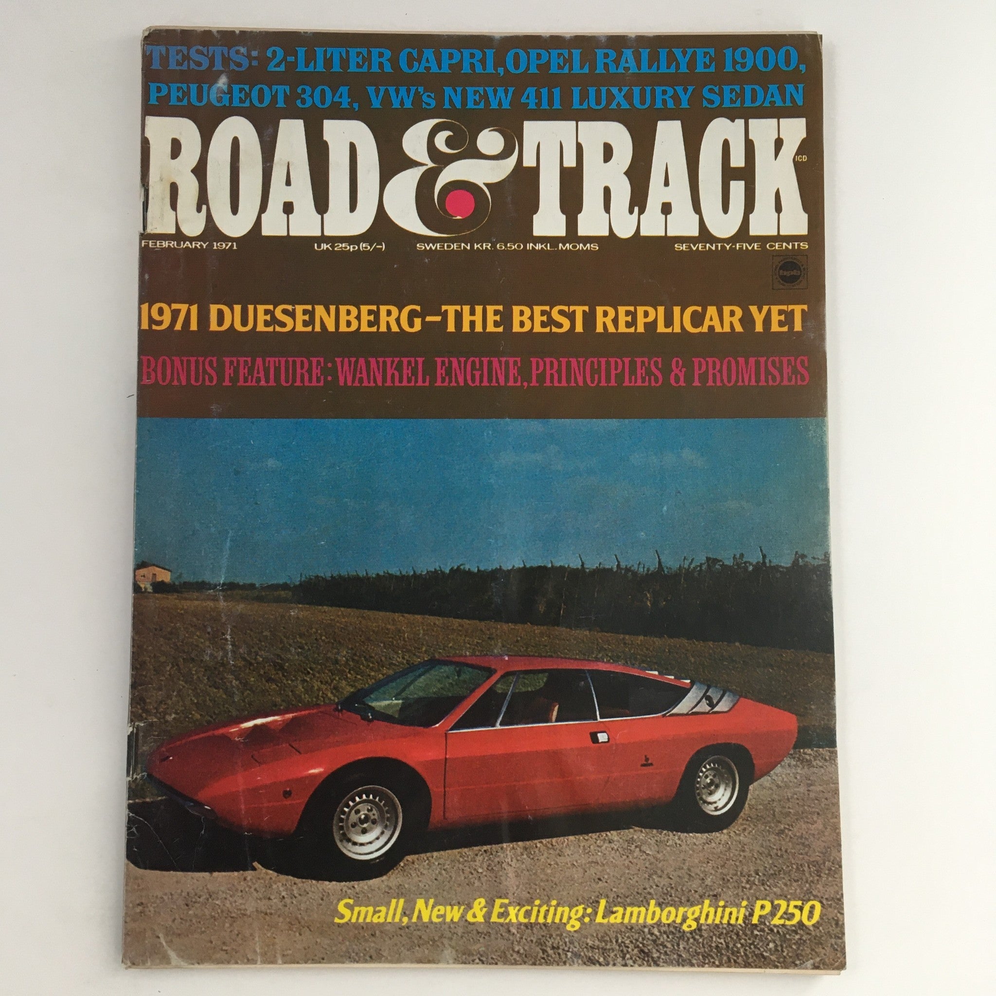 Cover of Road & Track Magazine February 1971 featuring 1971 Duesenberg and Lamborghini P250 with a scenic background and prominent title.