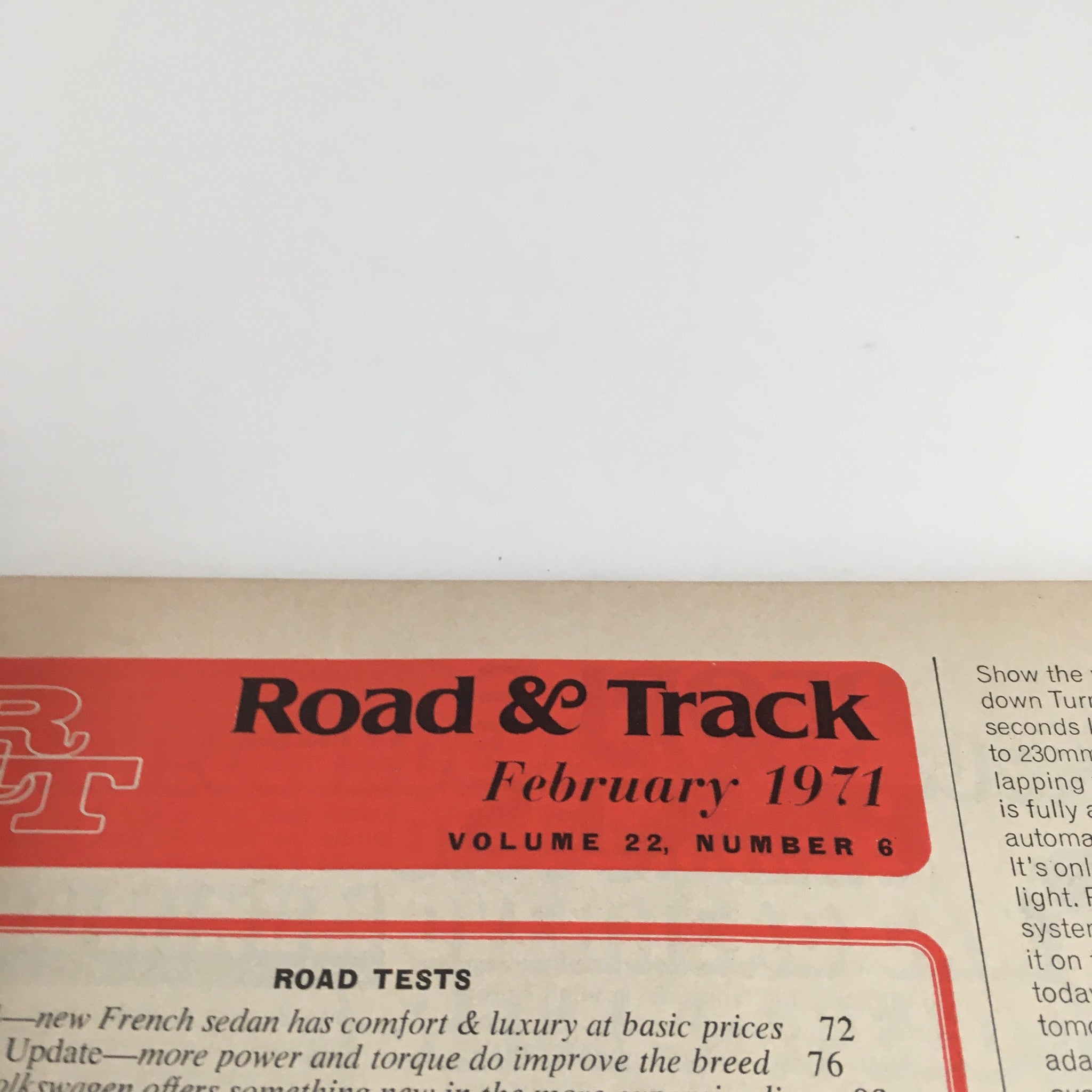 Inside page of Road & Track Magazine February 1971 highlighting the magazine's title and volume details.
