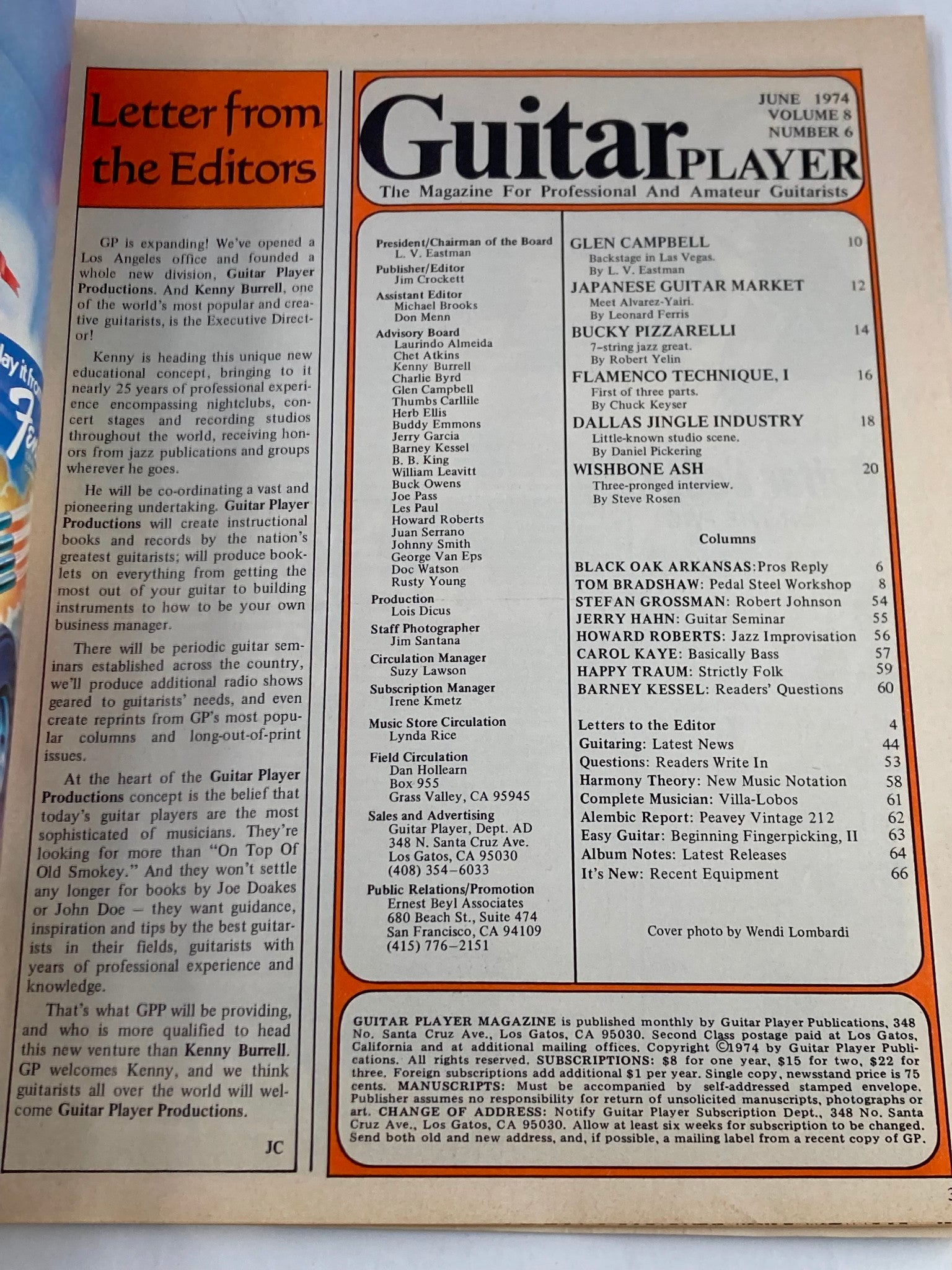 Inside page of VTG Guitar Player Magazine June 1974 showing the table of contents and a letter from the editors discussing the magazine's expansion and features.