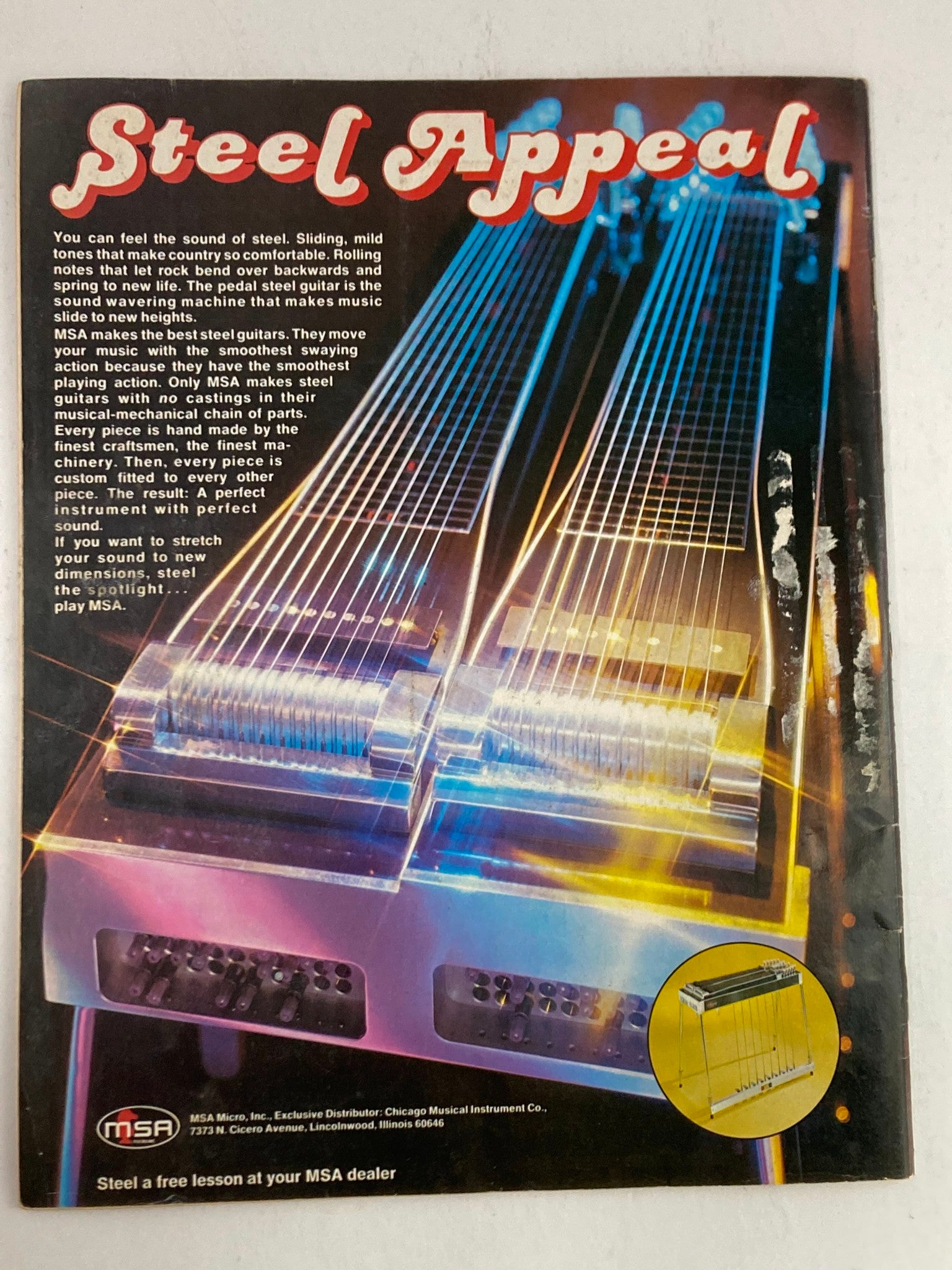 VTG Guitar Player Magazine May 1973 - Steel Appeal advertisement featuring a colorful display of pedal steel guitars, highlighting the smooth playing action and craftsmanship of MSA instruments.