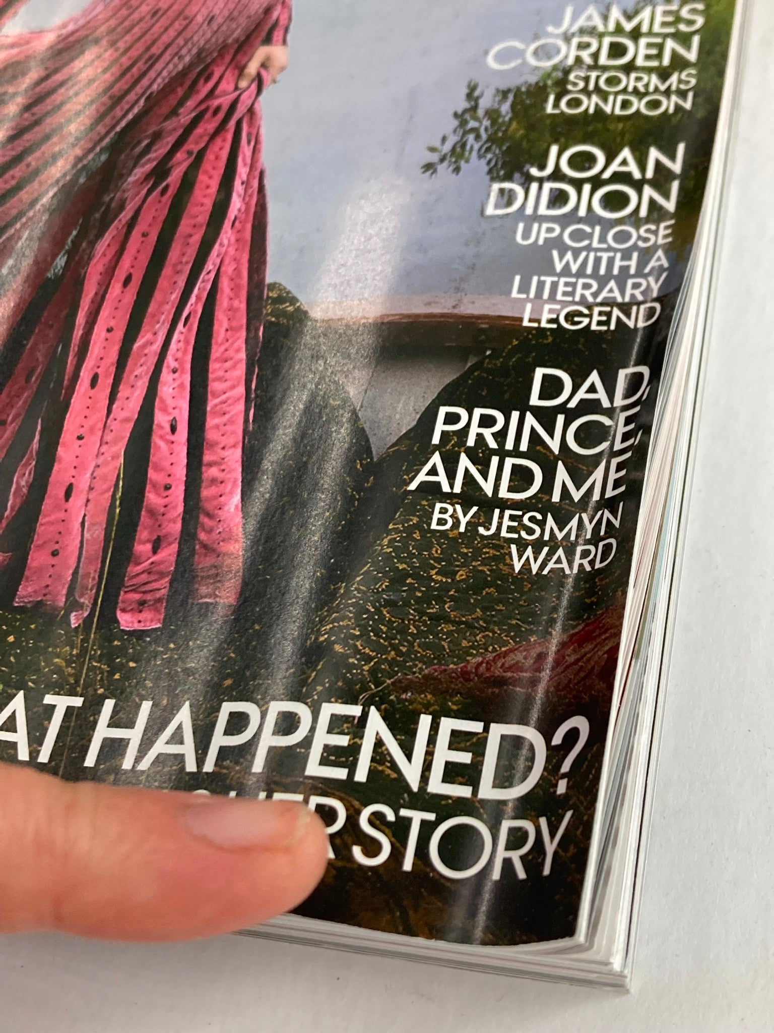 Close-up of the spine of Vogue Magazine October 2017, highlighting text including 'What Happened?' and featuring details about celebrities and stories within the issue.