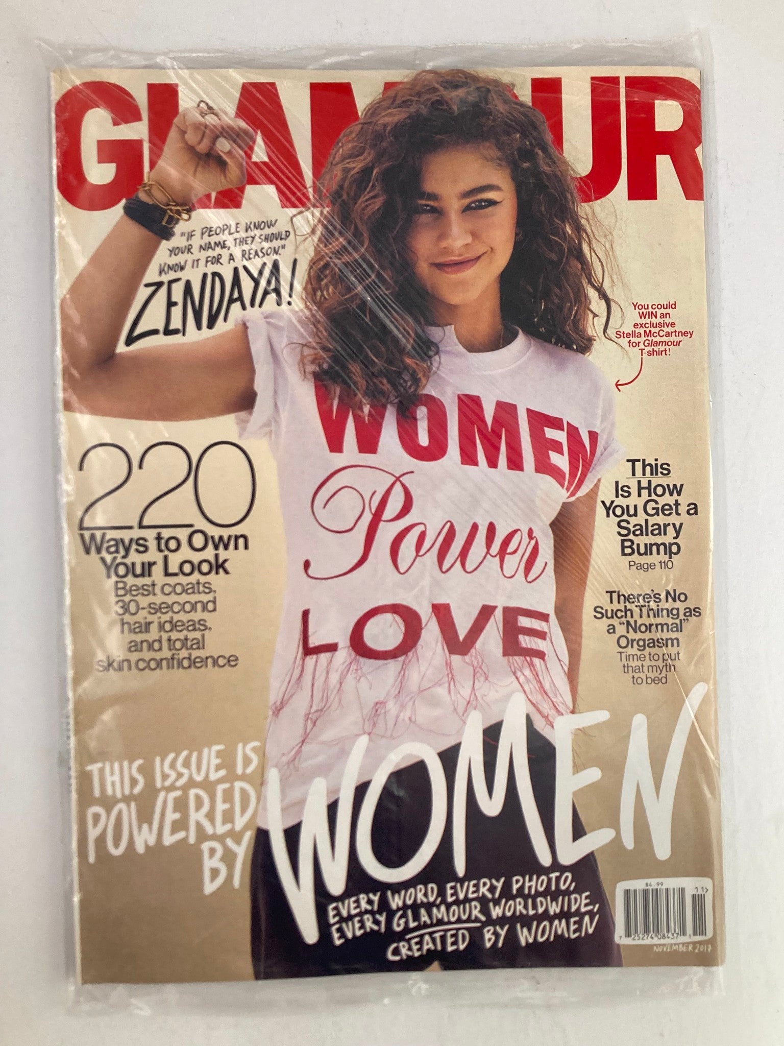 Glamour Magazine November 2017 featuring Zendaya on the cover promoting women empowerment and love, sealed and in pristine condition for collectors.