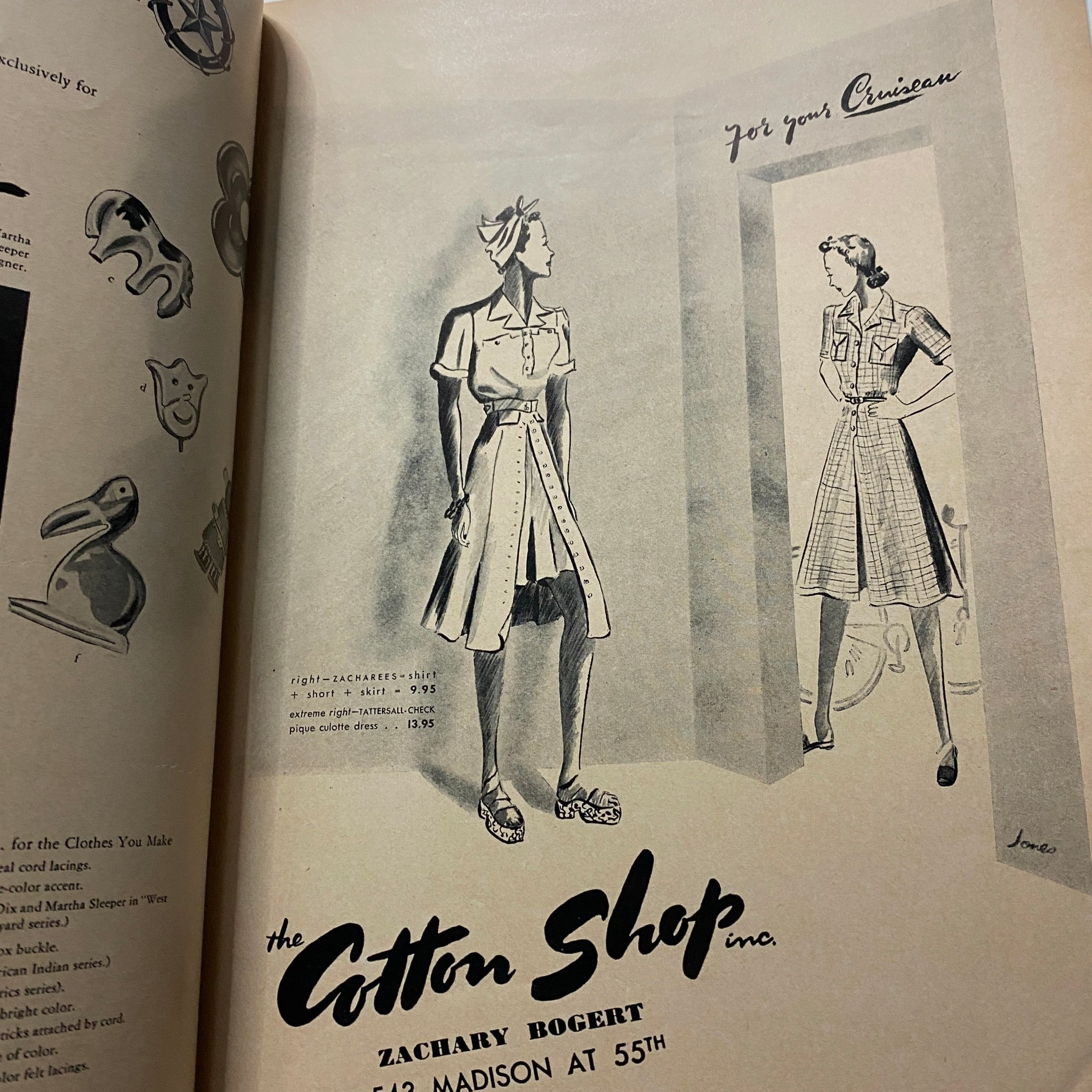 Illustration from GLAMOUR OF HOLLYWOOD Magazine April 1939 showcasing fashion designs and clothing advertisements including a dress featured in The Cotton Shop.
