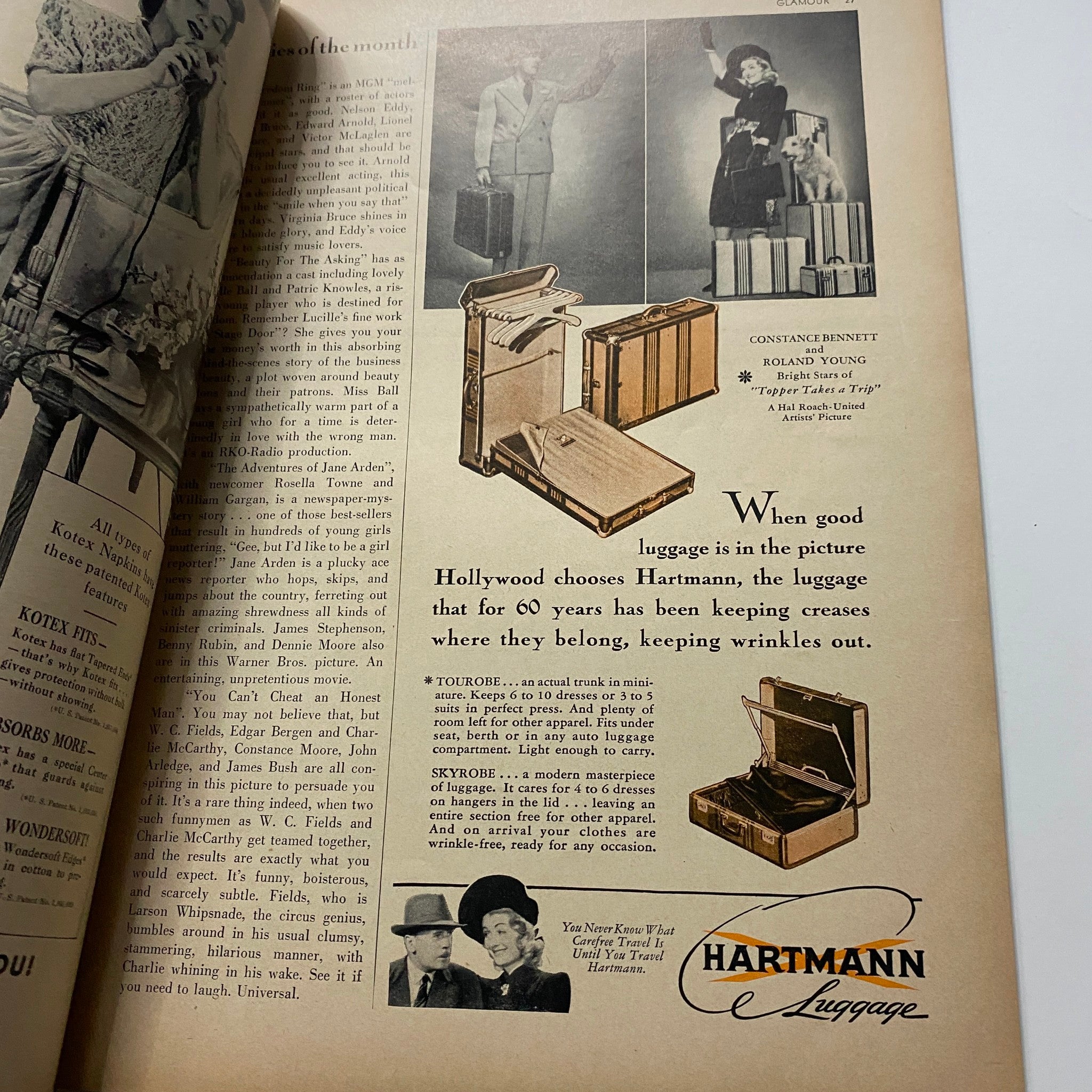 Vintage advertisement for Hartmann Luggage featured in GLAMOUR OF HOLLYWOOD Magazine April 1939, highlighting stylish travel goods favored by Hollywood.