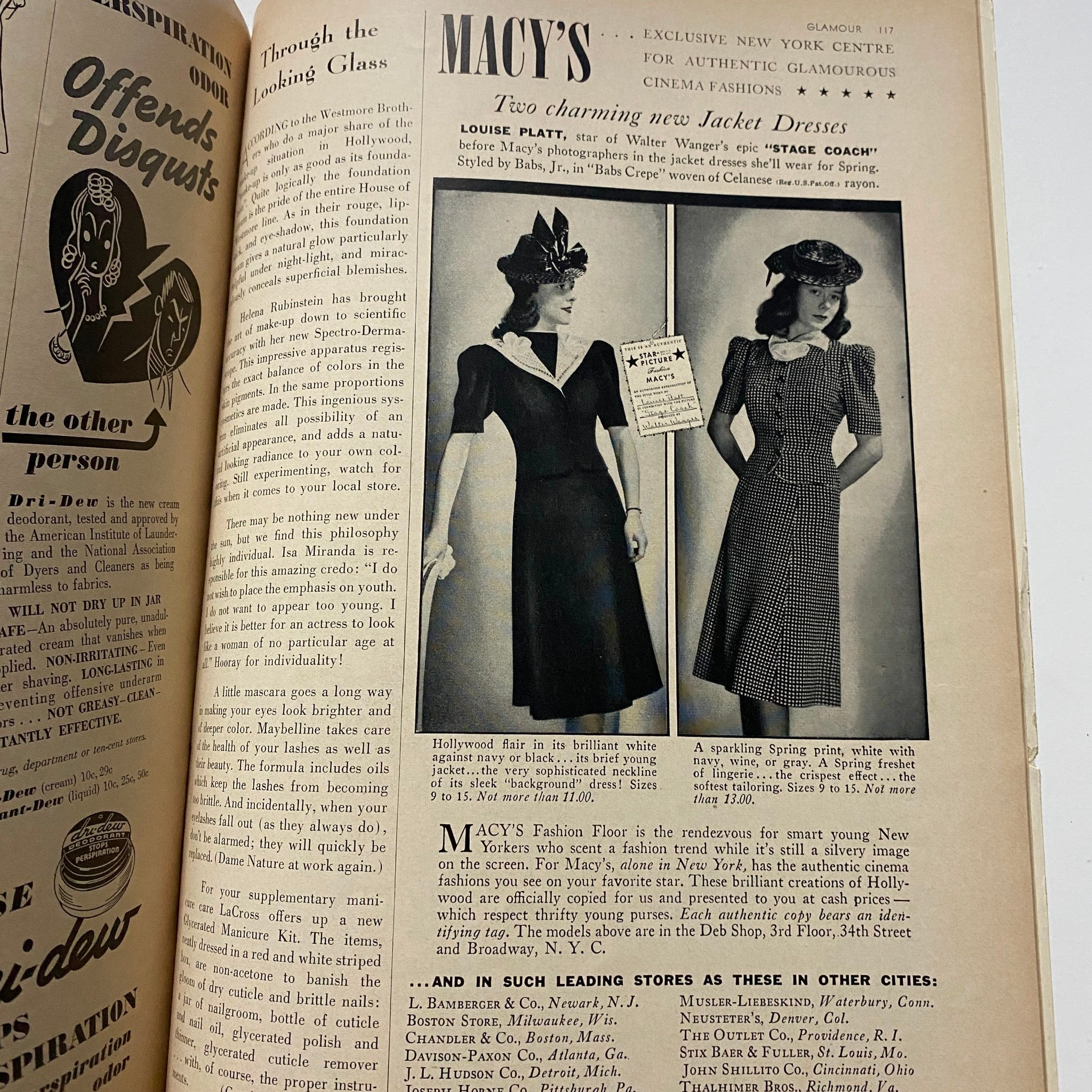 Fashion advertisement from GLAMOUR OF HOLLYWOOD Magazine April 1939 by Macy's featuring new women's jacket dresses inspired by cinema fashions.