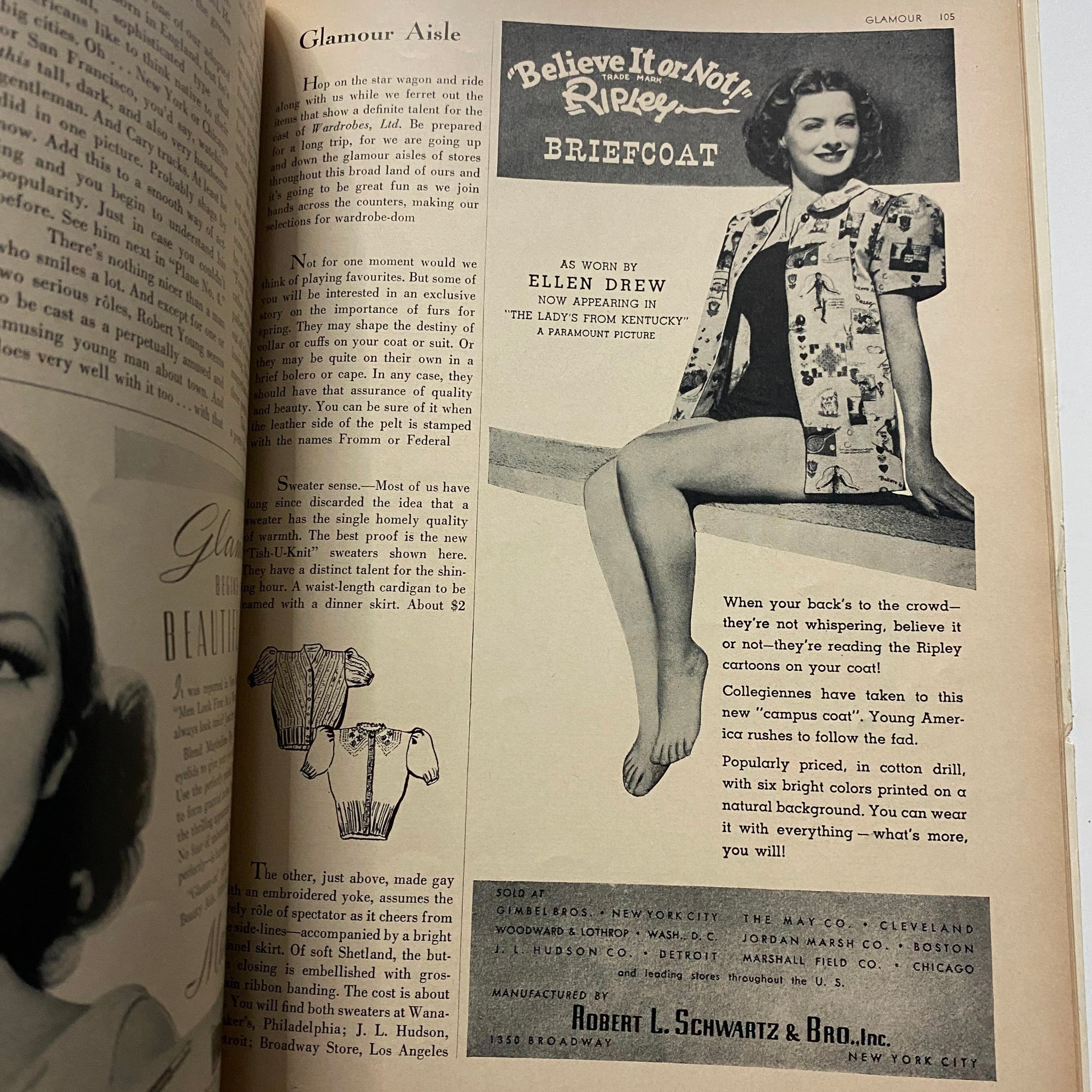Interior page of GLAMOUR OF HOLLYWOOD Magazine April 1939 featuring an advertisement for 'Believe It or Not' Ripley with model Ellen Drew showcasing stylish attire.