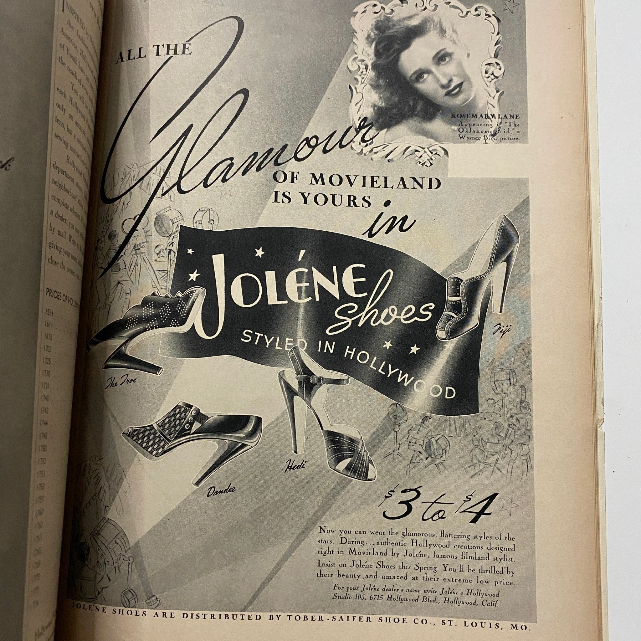 Advertisement page from GLAMOUR OF HOLLYWOOD Magazine April 1939 promoting Jolene Shoes, featuring stylish Hollywood-designed footwear and a glamorous actress.