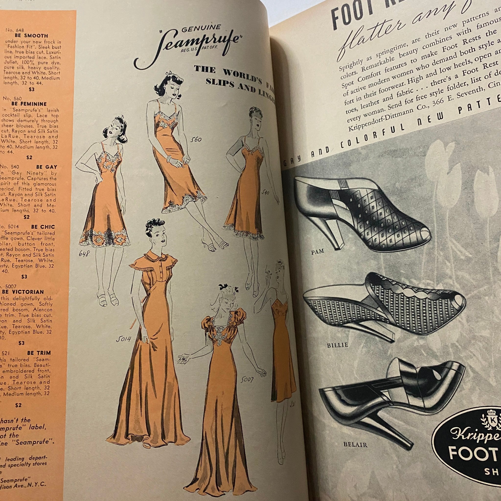 Fashion illustration page from GLAMOUR OF HOLLYWOOD Magazine April 1939 displaying various slips and lingerie styles, showcasing vintage fashion designs.