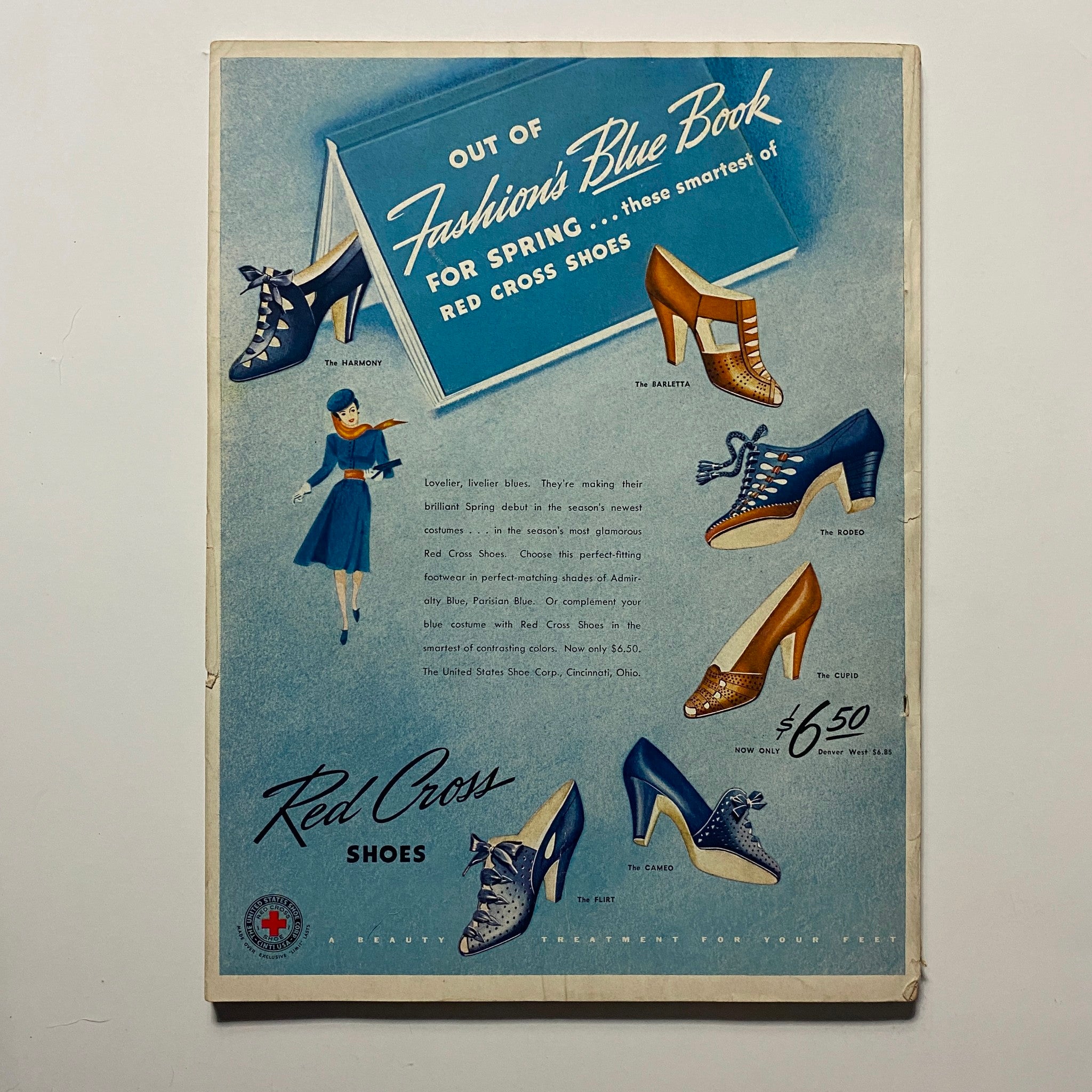 Advertisement for Red Cross Shoes from GLAMOUR OF HOLLYWOOD Magazine April 1939, highlighting stylish footwear options for the Spring season.
