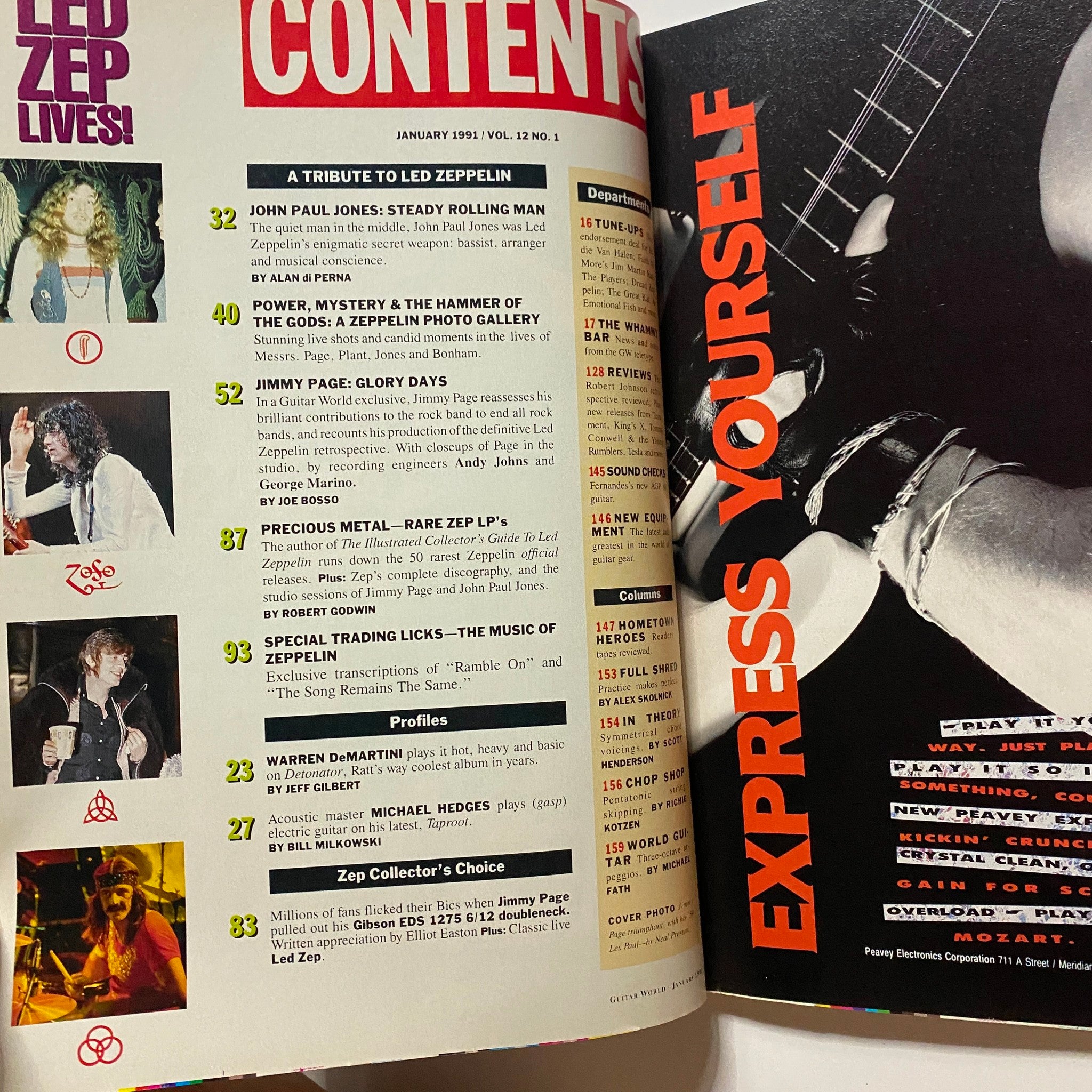 Inside page of Guitar World Magazine January 1991 displaying the table of contents including features on Jimmy Page and Led Zeppelin, with key articles highlighted.