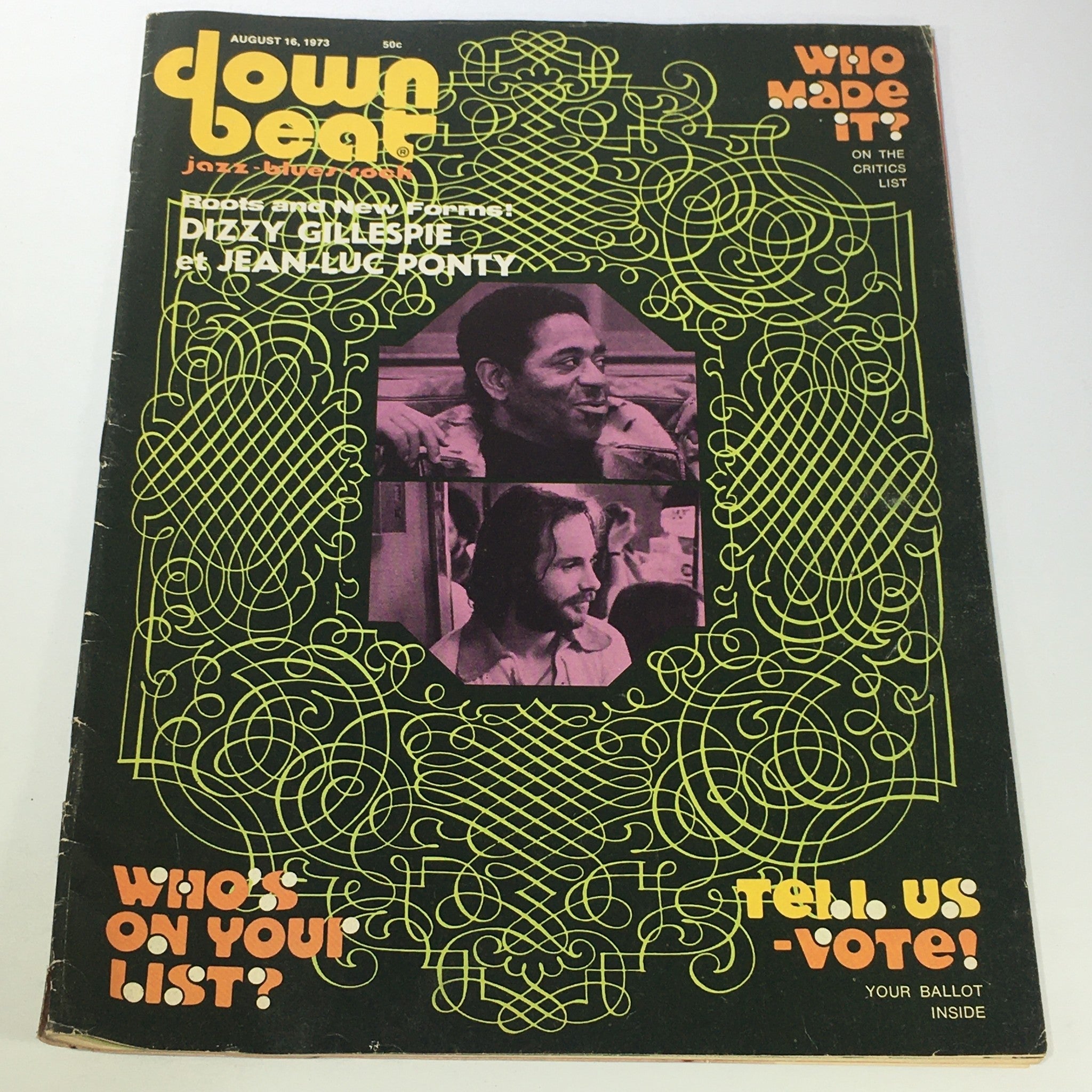 Cover of VTG Down Beat Magazine August 16 1973 featuring Dizzy Gillespie and Jean Luc Ponty with vibrant graphics and iconic jazz imagery.