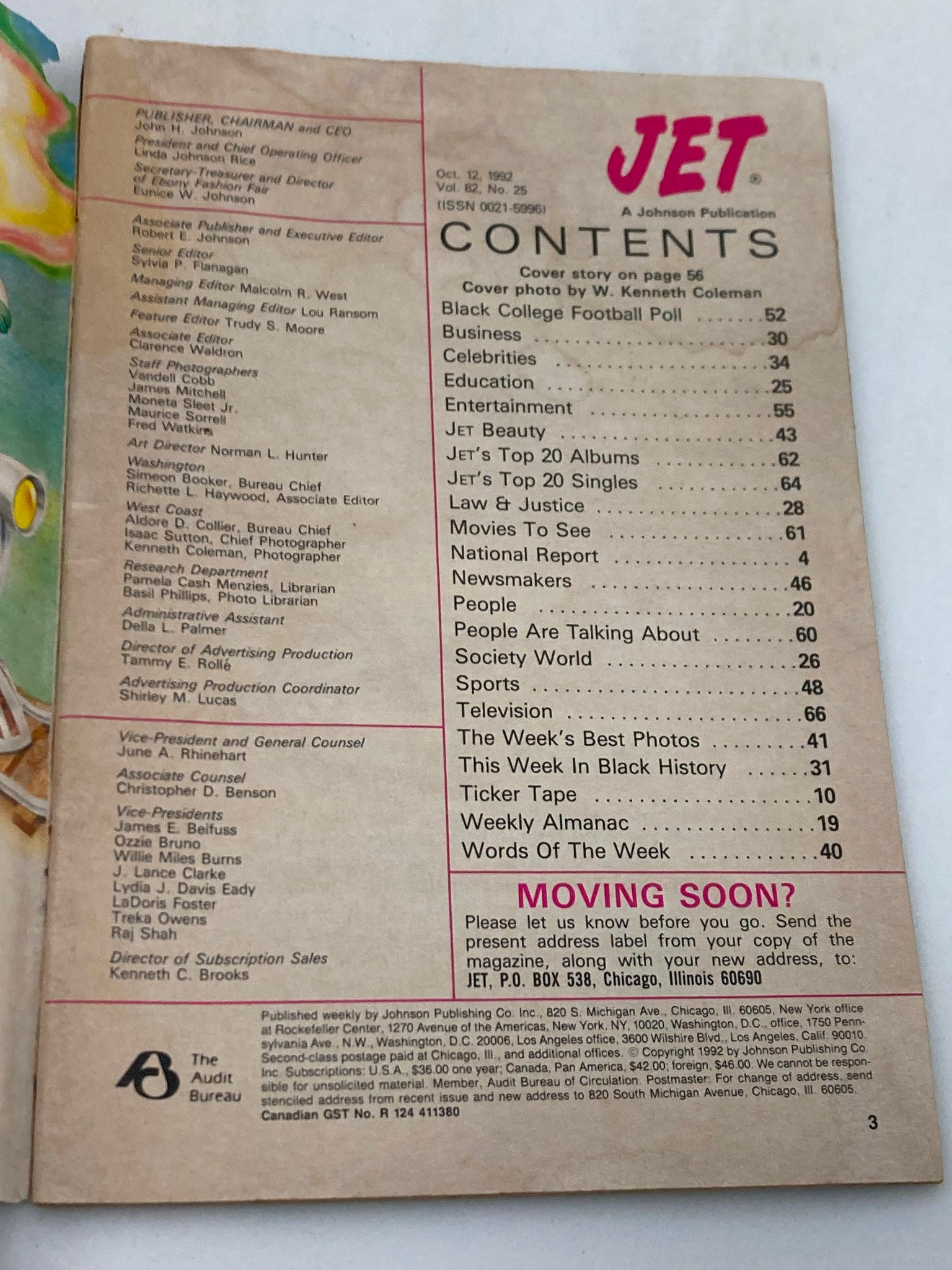 Contents page from VTG Jet Magazine October 12 1982 Vol 82 #25, with sections including celebrities, entertainment, and culture.