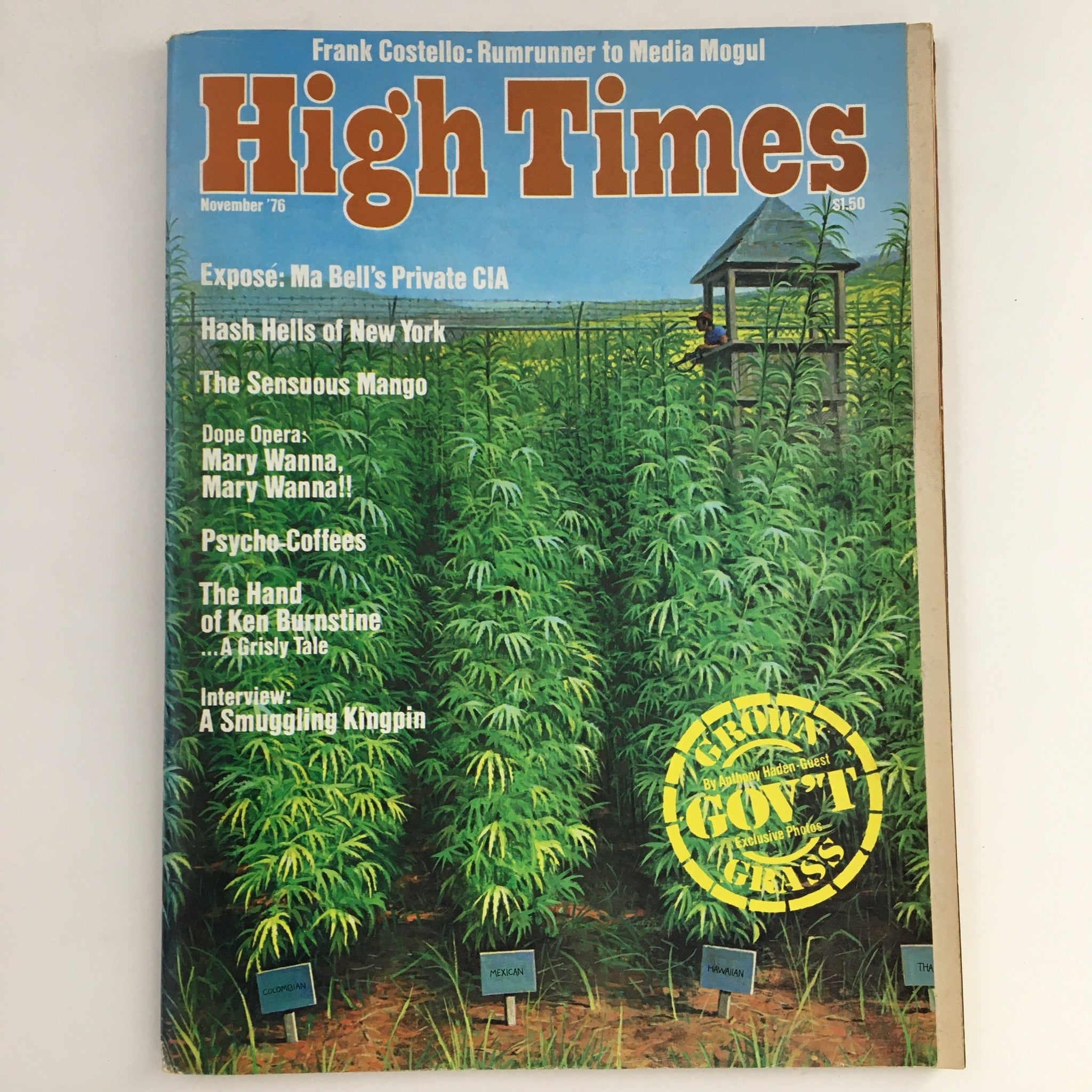 Cover of High Times Magazine, November 1976. Features articles on Frank Costello and a smuggling kingpin, with a vivid image of cannabis plants. Historic piece of cultural history.