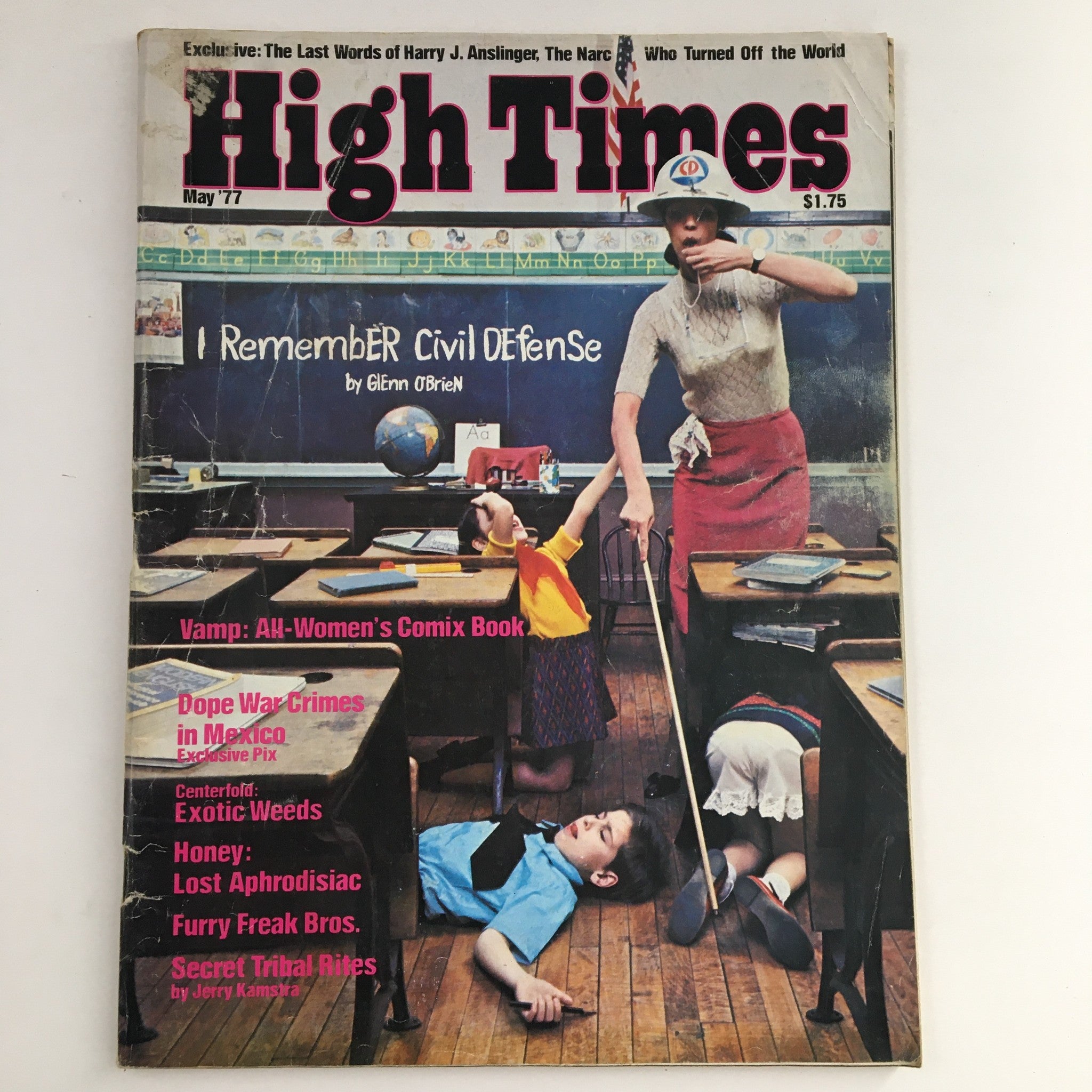 Cover of High Times Magazine May 1977 featuring the headline 'Dope War Crimes in Mexico' with a vintage classroom illustration.