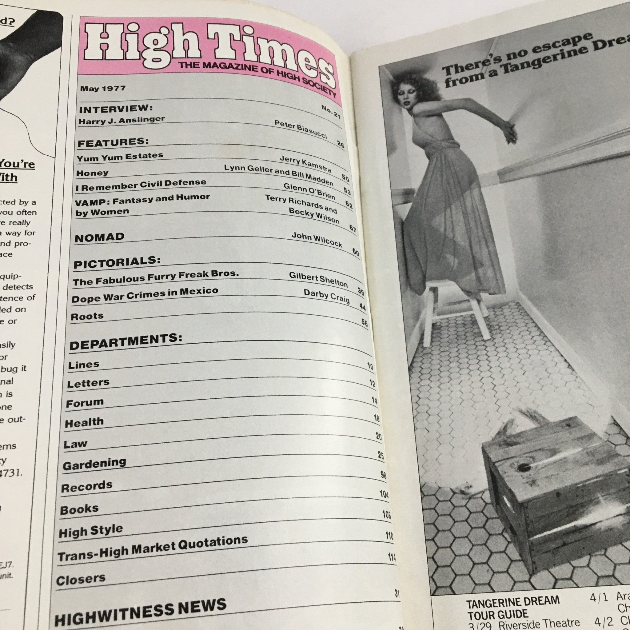 Interior page of High Times Magazine May 1977 displaying the table of contents, highlighting features like 'Dope War Crimes in Mexico' and articles by notable contributors.