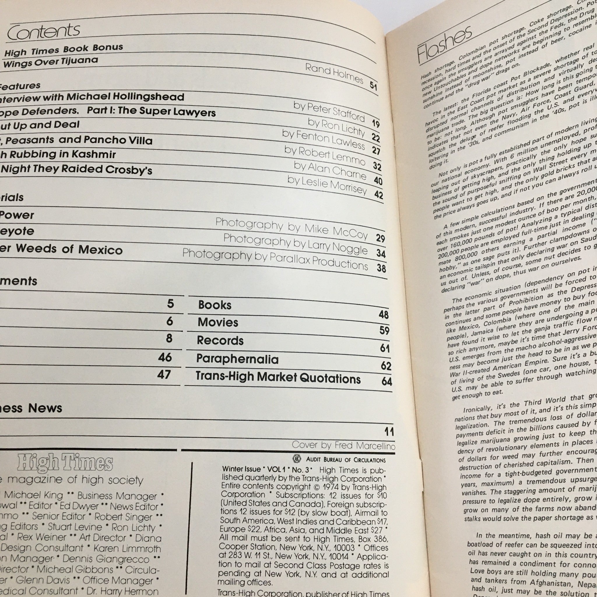 Contents page of High Times Magazine Winter 1975, listing features, articles, and photography related to the 1970s counterculture.