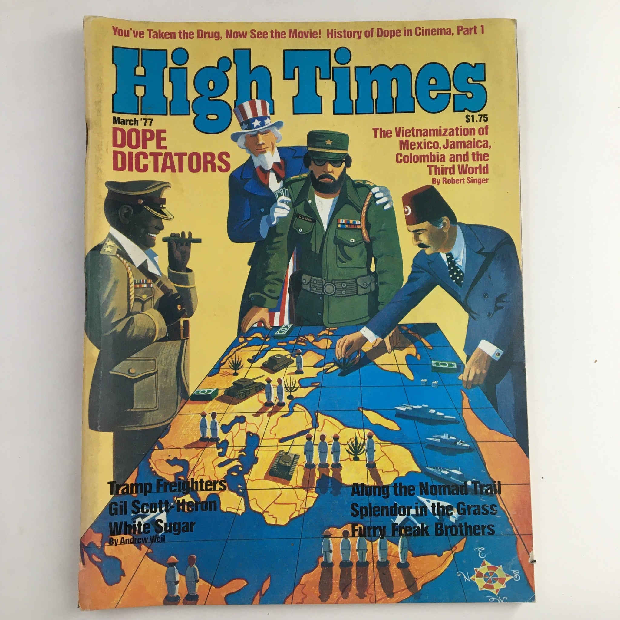 Cover of High Times Magazine March 1977 featuring the title 'High Times' with the tagline 'You've Taken the Drug, Now See the Movie! History of Dope in Cinema, Part 1'. The vibrant illustration displays multiple characters and a world map related to cannabis culture.